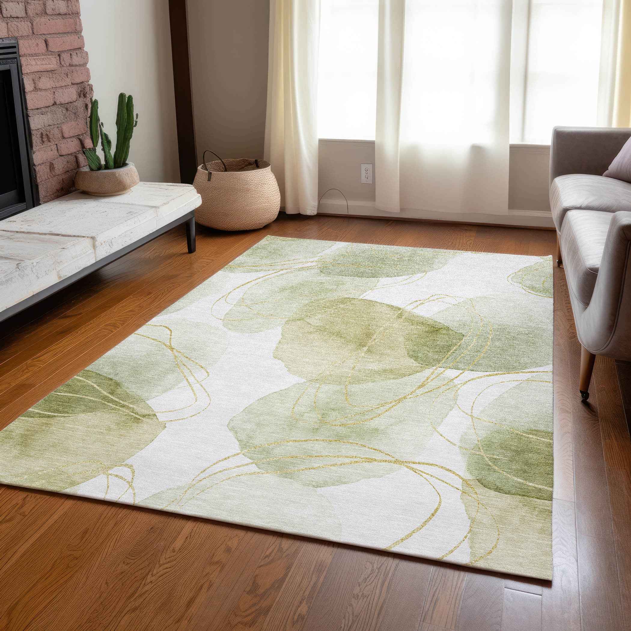 9' X 12' Green And Ivory Abstract Washable Indoor Outdoor Area Rug