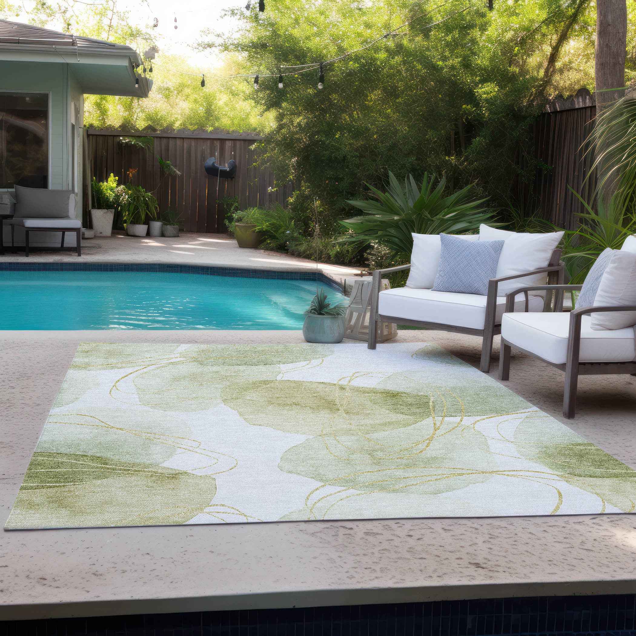 9' X 12' Green And Ivory Abstract Washable Indoor Outdoor Area Rug