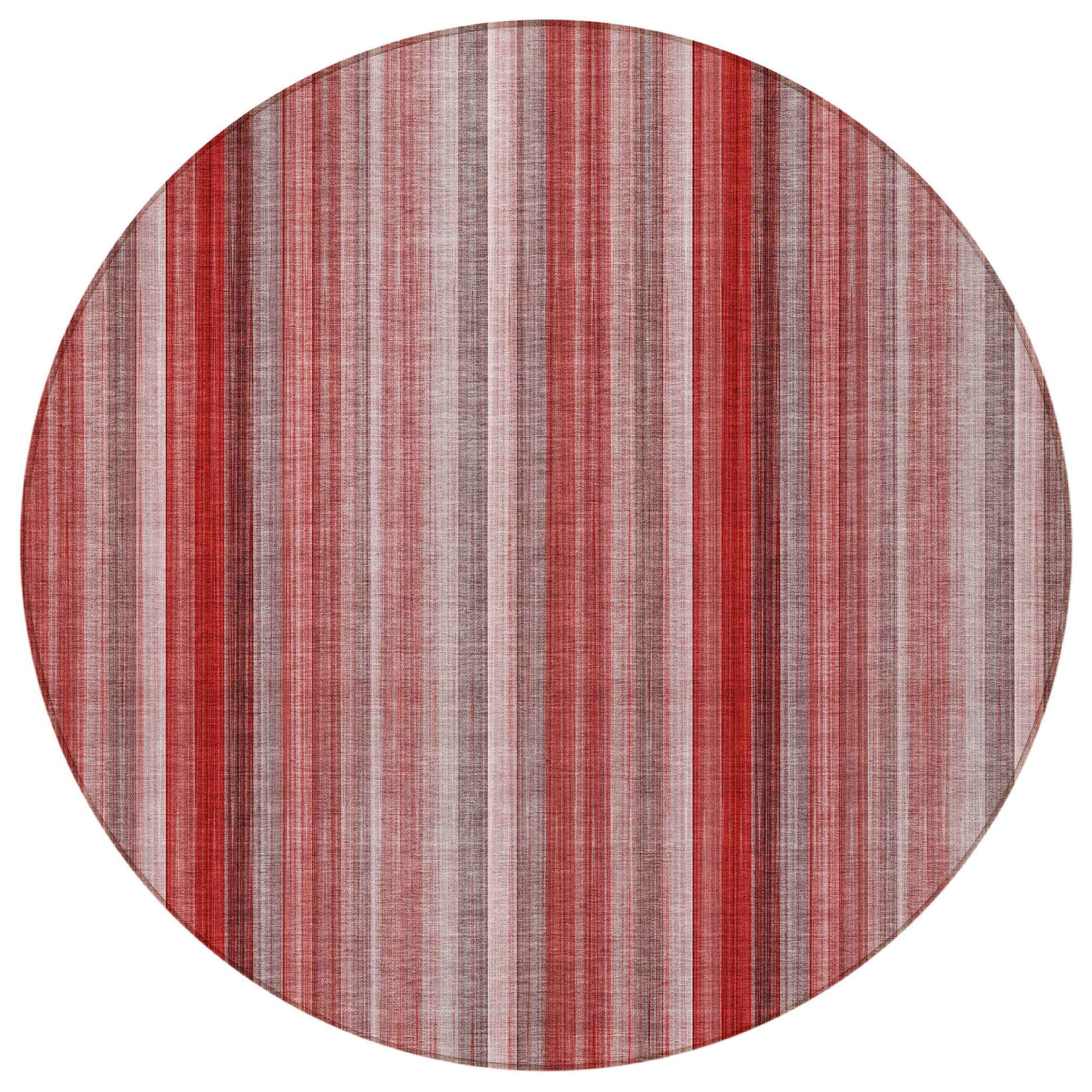 8' Round Gray Pink and Red Round Striped Washable Non Skid Indoor Outdoor Area Rug