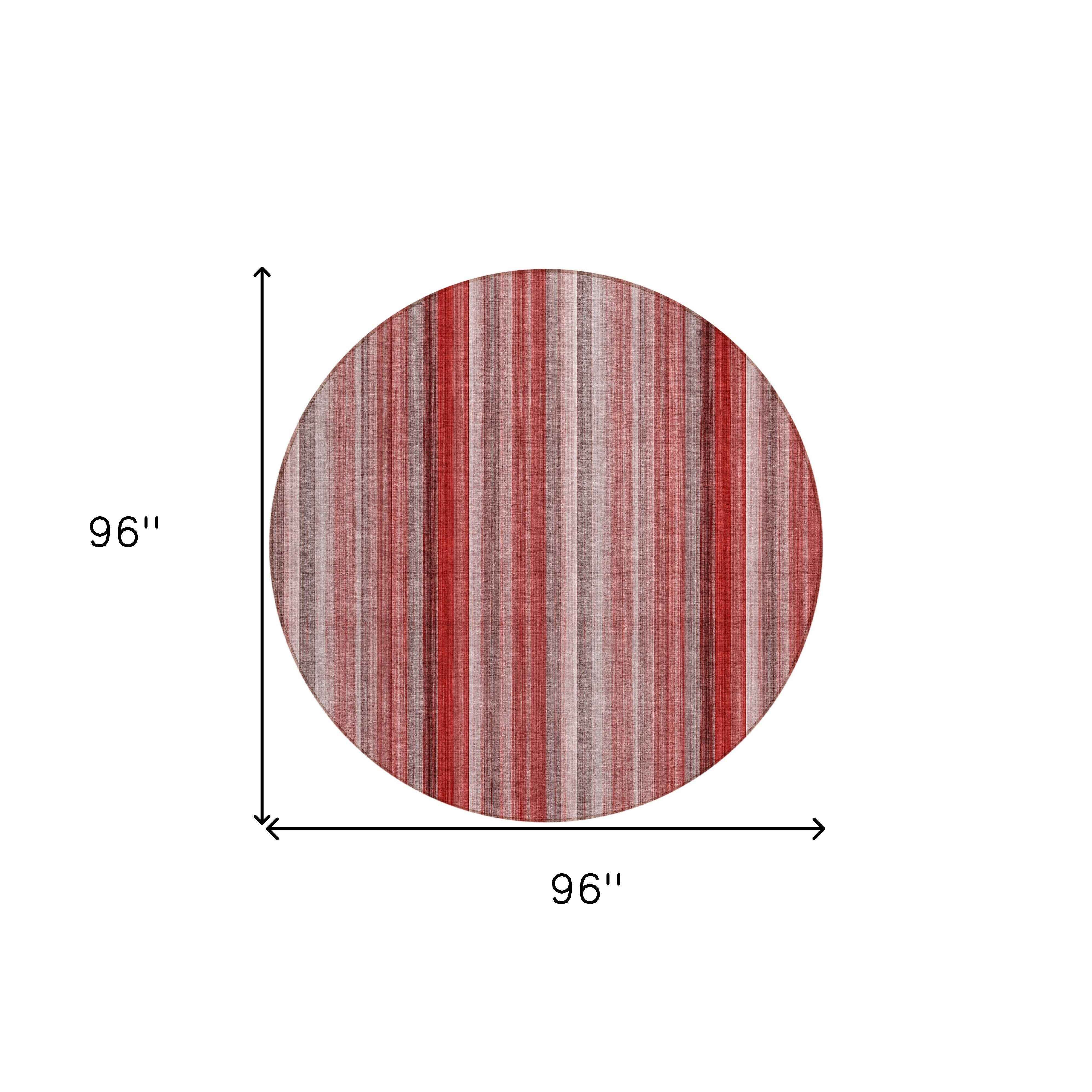 8' Round Gray Pink and Red Round Striped Washable Non Skid Indoor Outdoor Area Rug