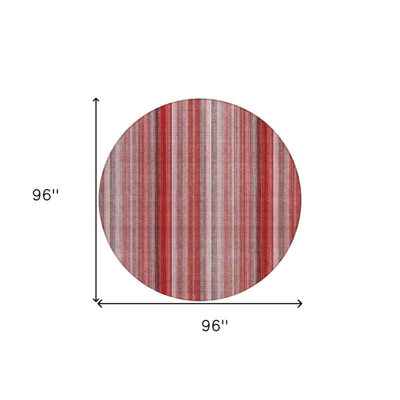 8' Round Gray Pink and Red Round Striped Washable Non Skid Indoor Outdoor Area Rug