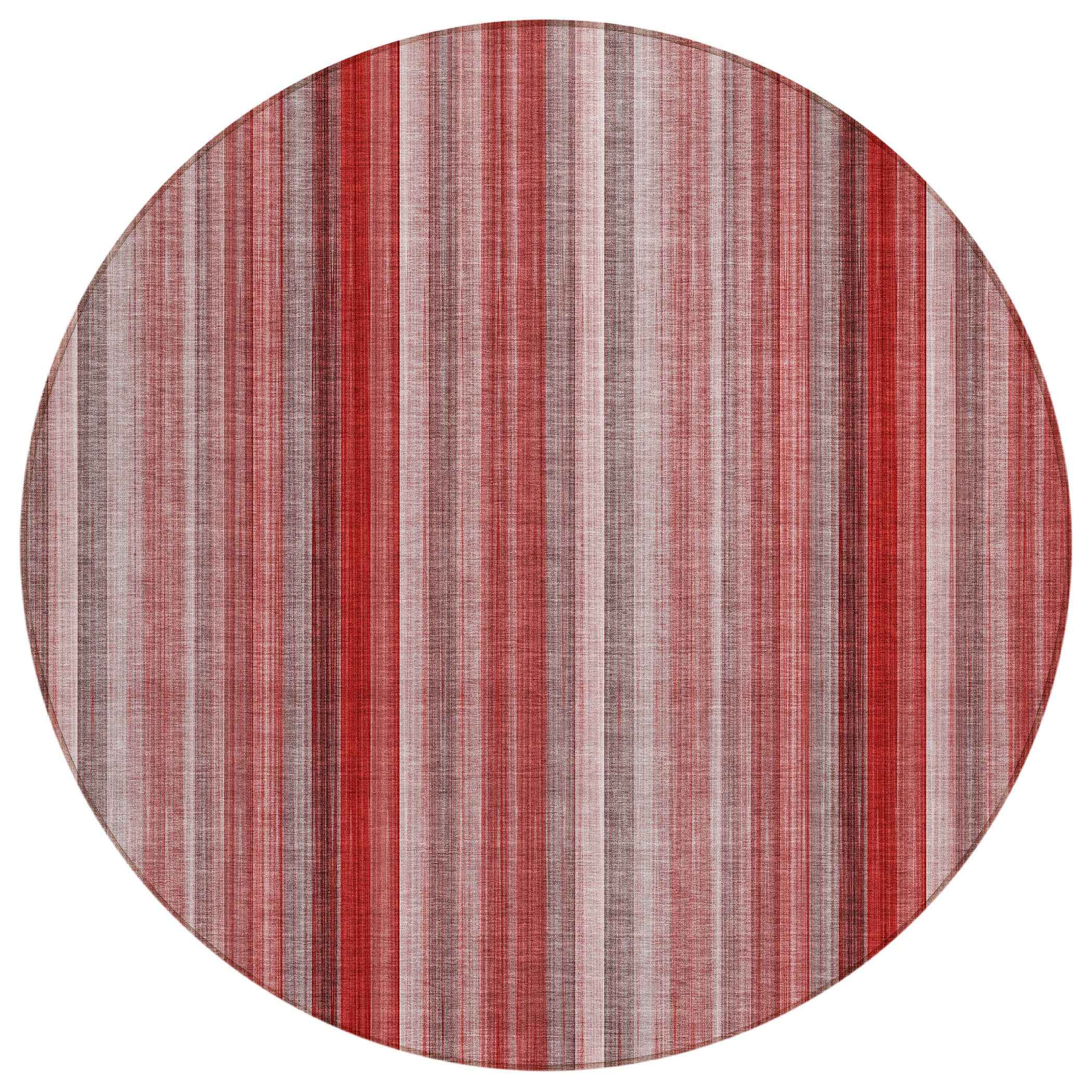 8' Round Gray Pink and Red Round Striped Washable Non Skid Indoor Outdoor Area Rug