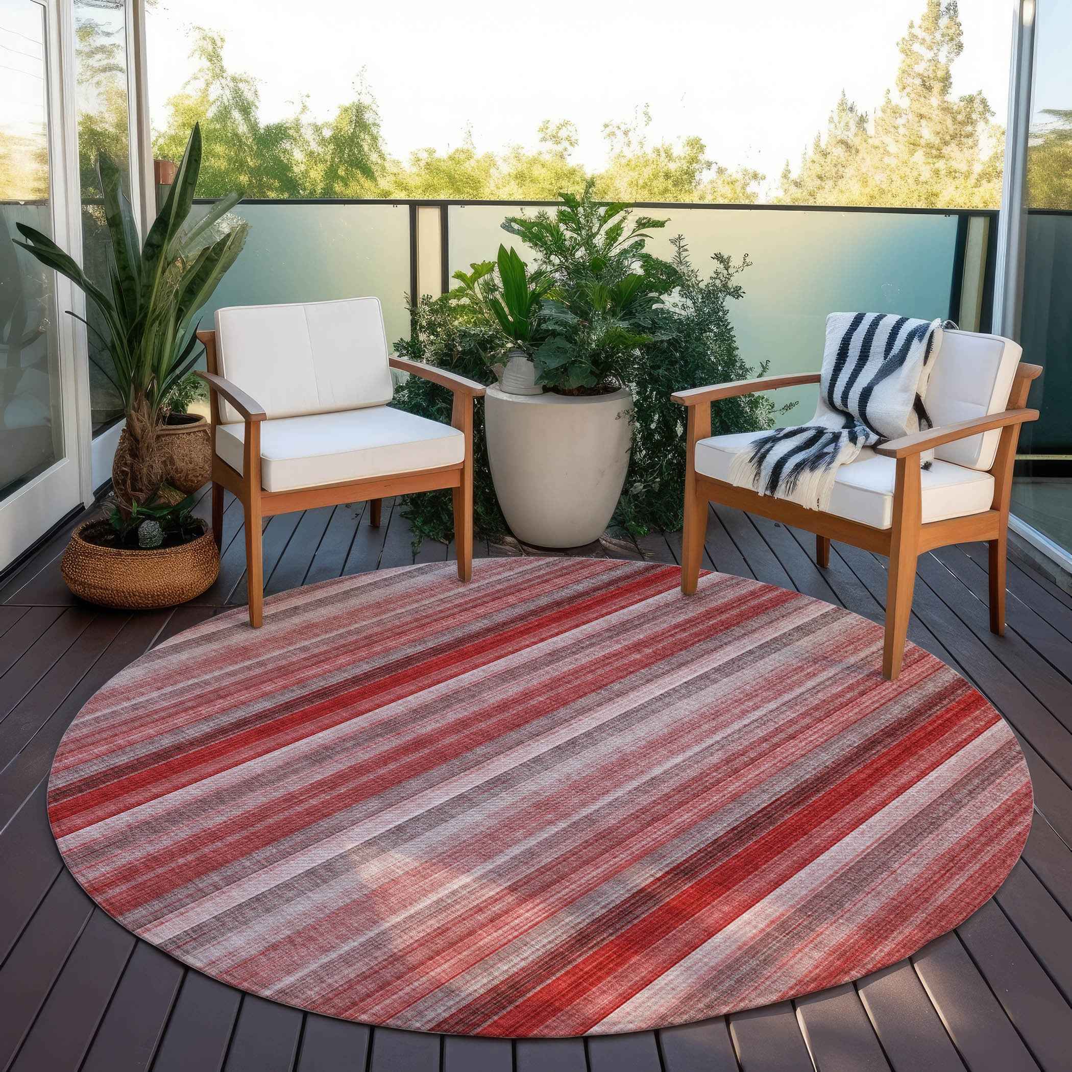 8' Round Gray Pink and Red Round Striped Washable Non Skid Indoor Outdoor Area Rug