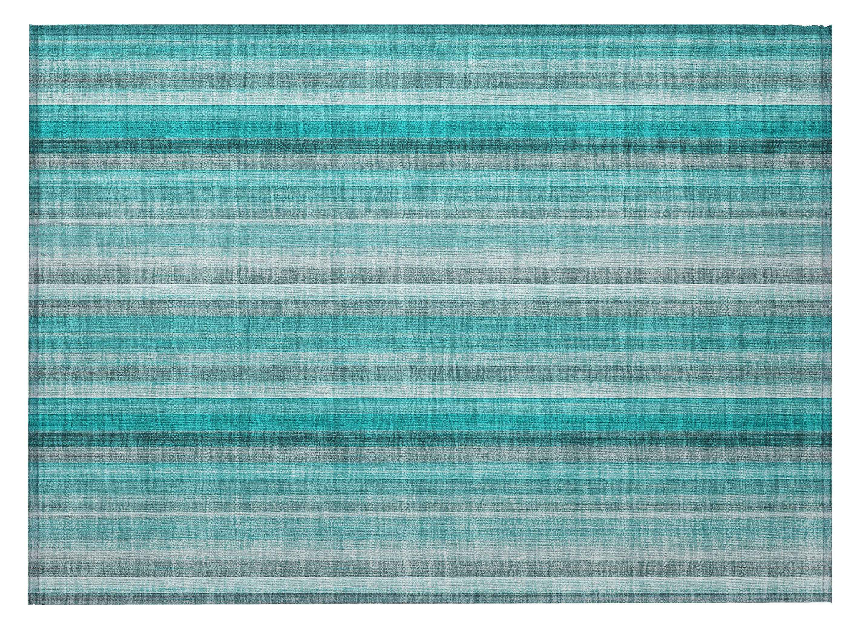 2' X 3' Teal and Gray Striped Washable Non Skid Indoor Outdoor Area Rug