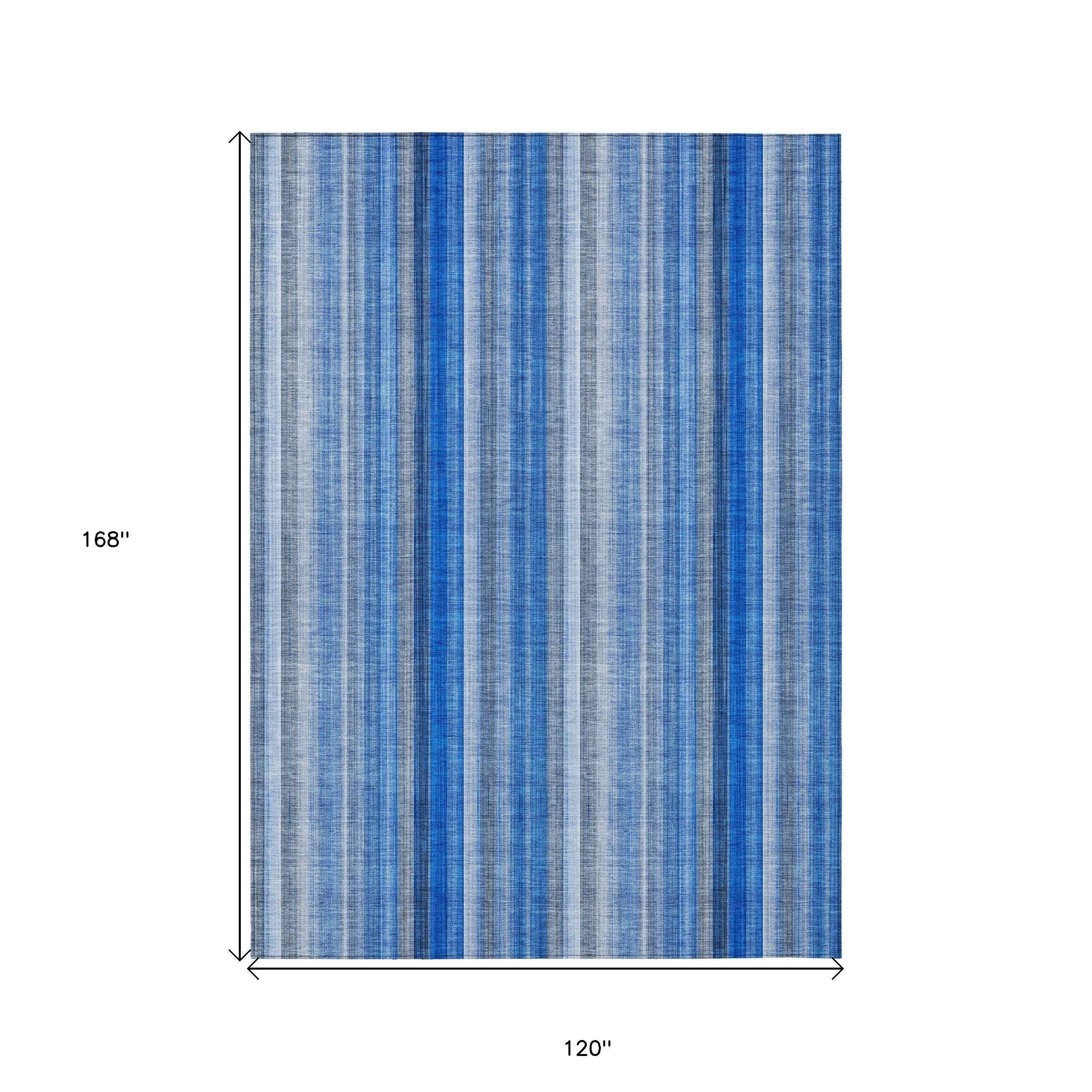 10' X 14' Blue Striped Washable Non Skid Indoor Outdoor Area Rug