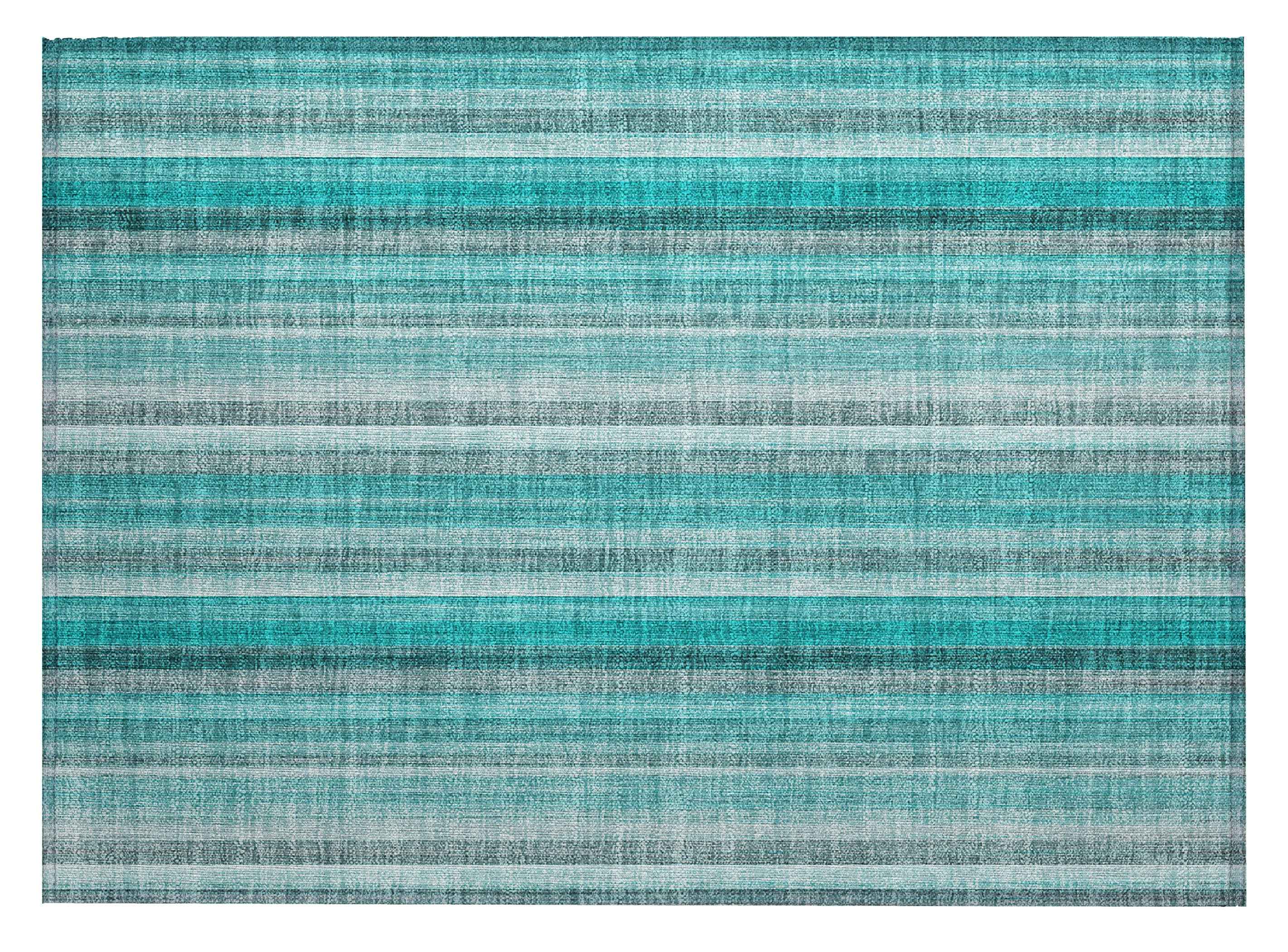2' X 3' Teal and Gray Striped Washable Non Skid Indoor Outdoor Area Rug