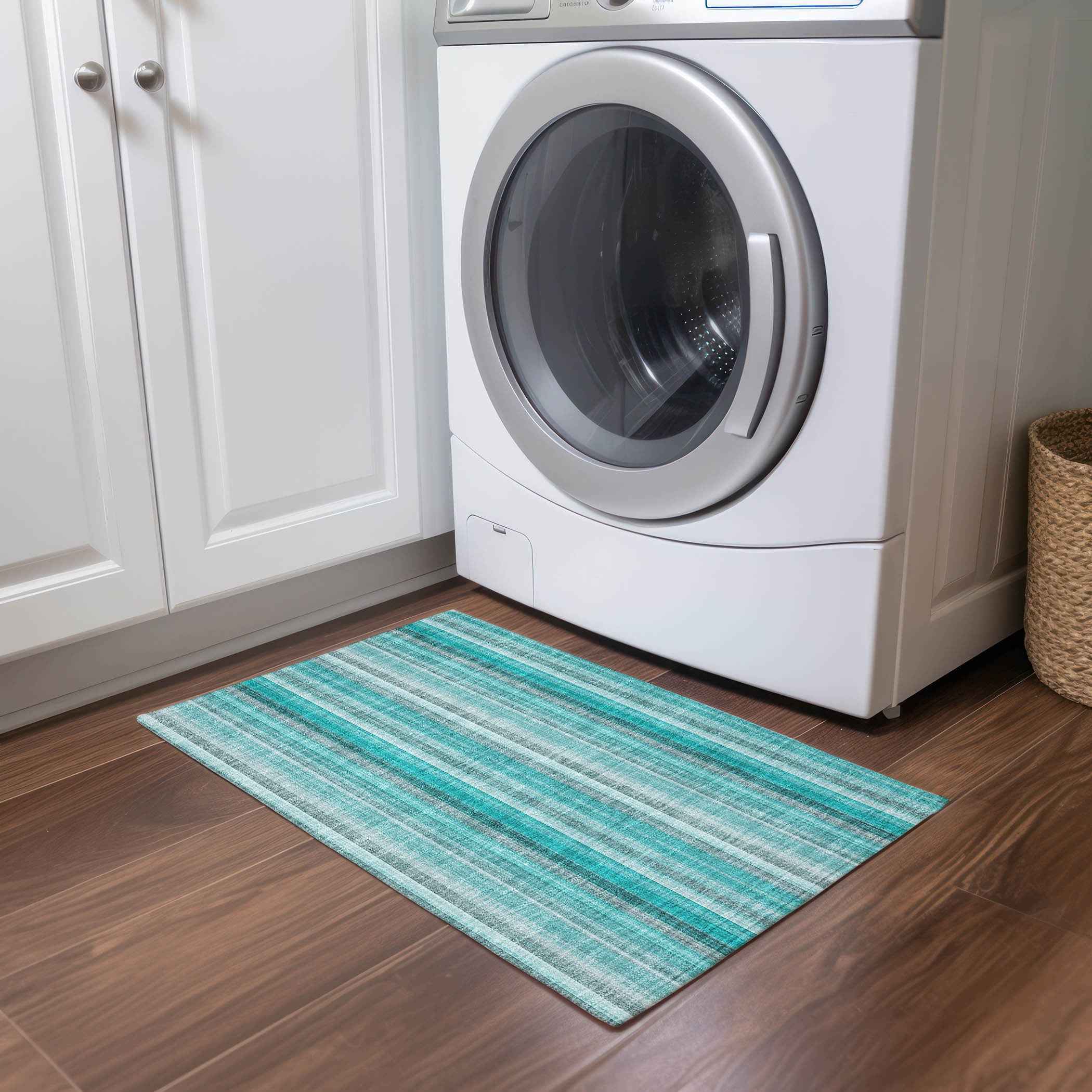 2' X 3' Teal and Gray Striped Washable Non Skid Indoor Outdoor Area Rug