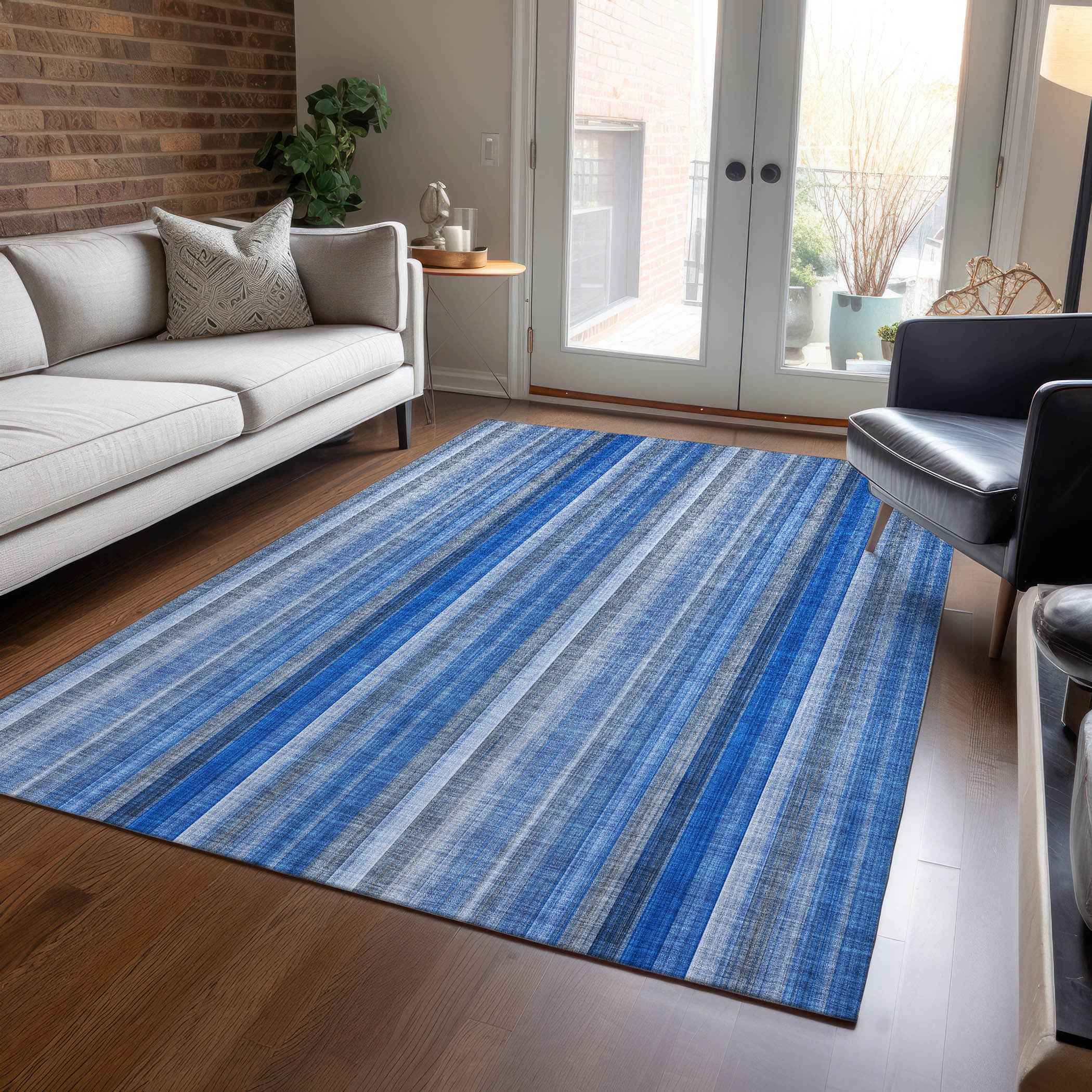 8' X 10' Blue Striped Washable Non Skid Indoor Outdoor Area Rug