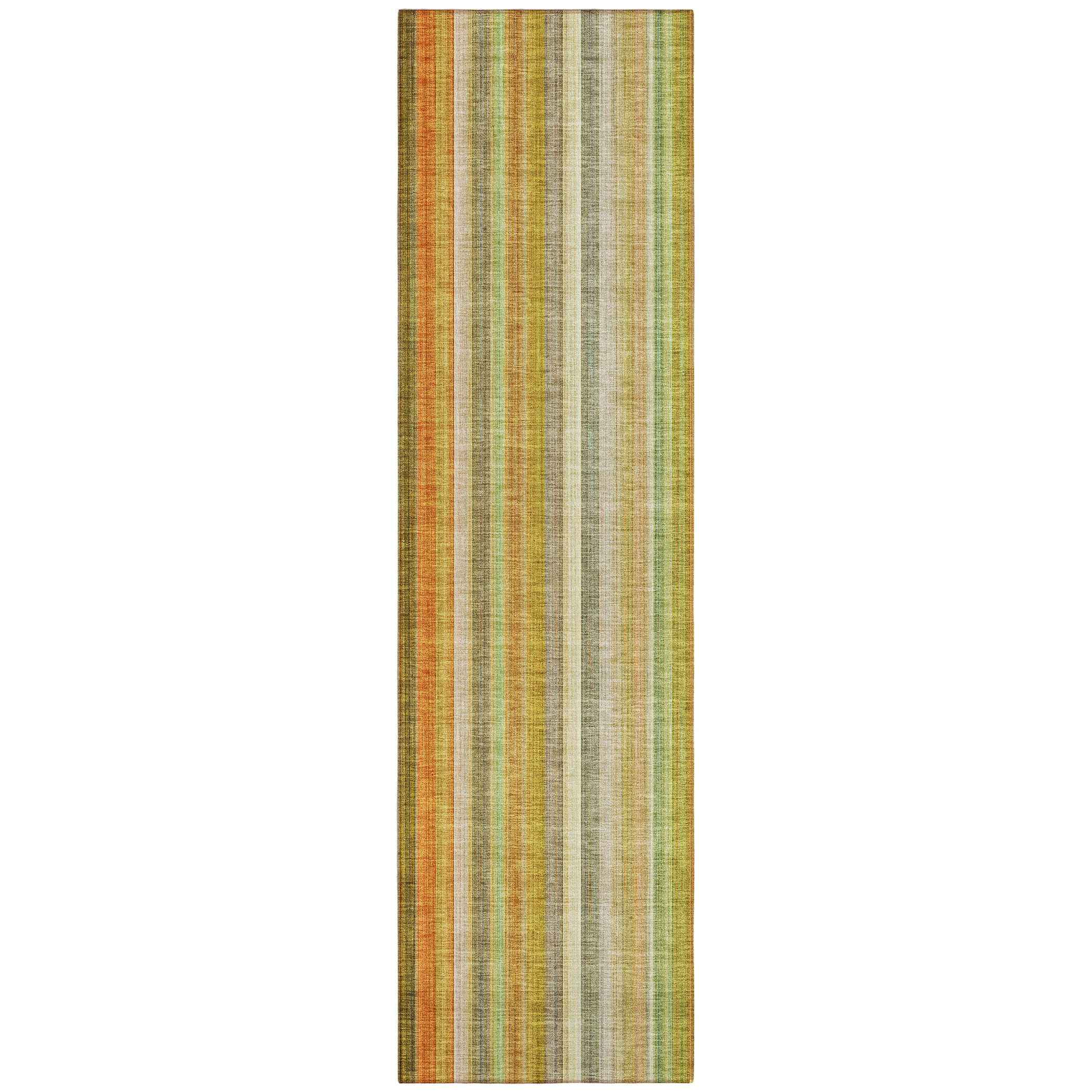 8' Runner Tan Orange and Green Striped Washable Non Skid Indoor Outdoor Runner Rug