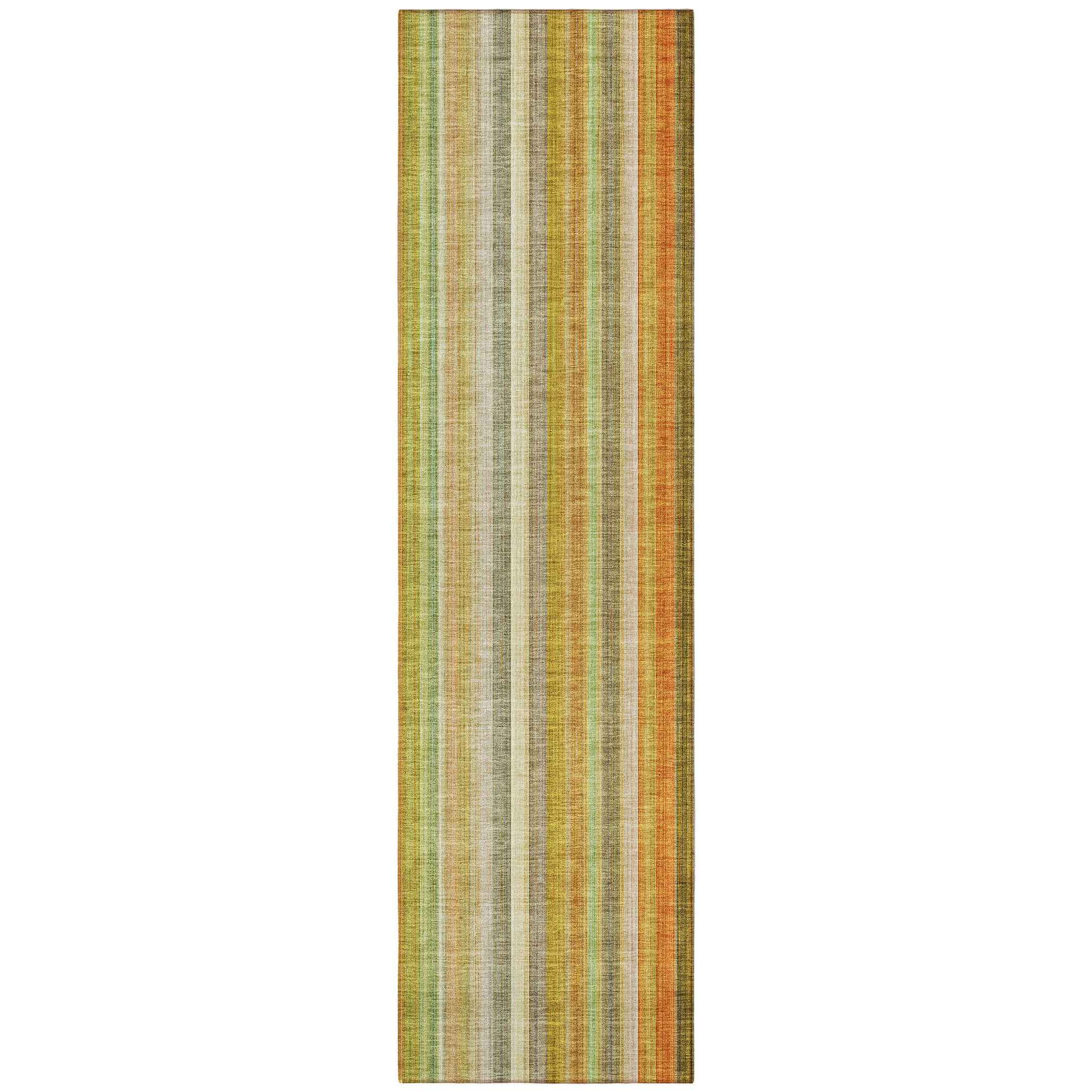 8' Runner Tan Orange and Green Striped Washable Non Skid Indoor Outdoor Runner Rug