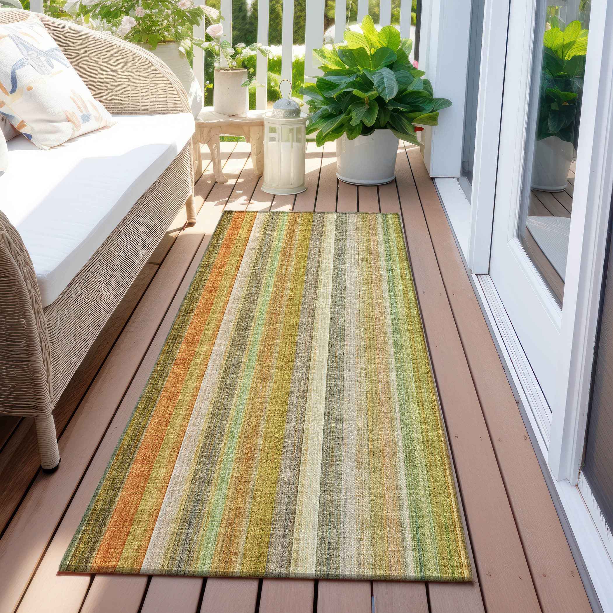 8' Runner Tan Orange and Green Striped Washable Non Skid Indoor Outdoor Runner Rug