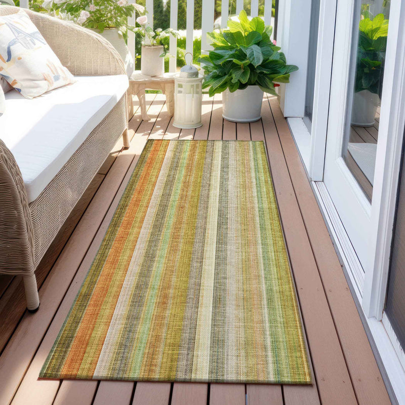8' Runner Tan Orange and Green Striped Washable Non Skid Indoor Outdoor Runner Rug