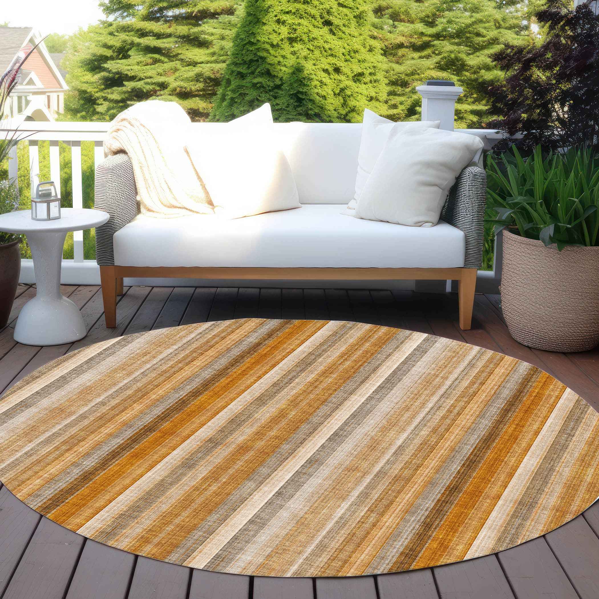 8' Round Orange Ivory and Gray Round Striped Washable Non Skid Indoor Outdoor Area Rug