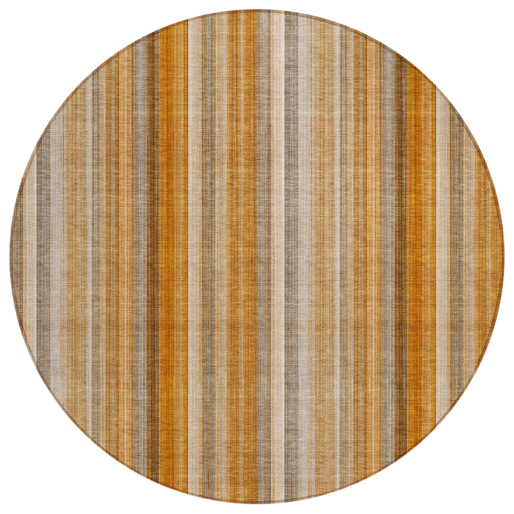 8' Round Orange Ivory and Gray Round Striped Washable Non Skid Indoor Outdoor Area Rug