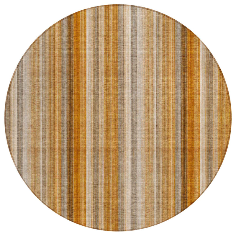 8' Round Orange Ivory and Gray Round Striped Washable Non Skid Indoor Outdoor Area Rug
