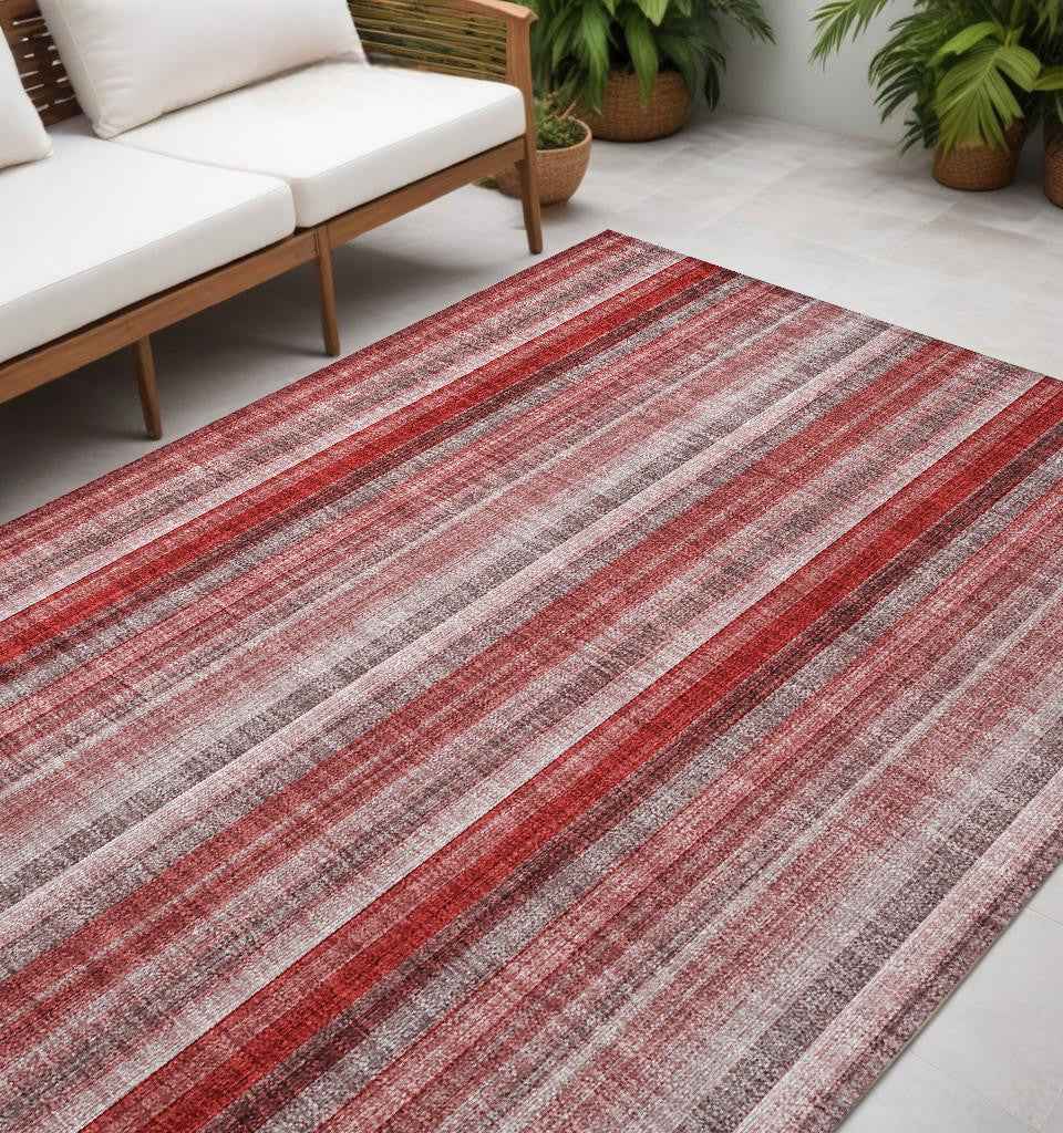 5' X 8' Gray Pink and Red Striped Washable Non Skid Indoor Outdoor Area Rug