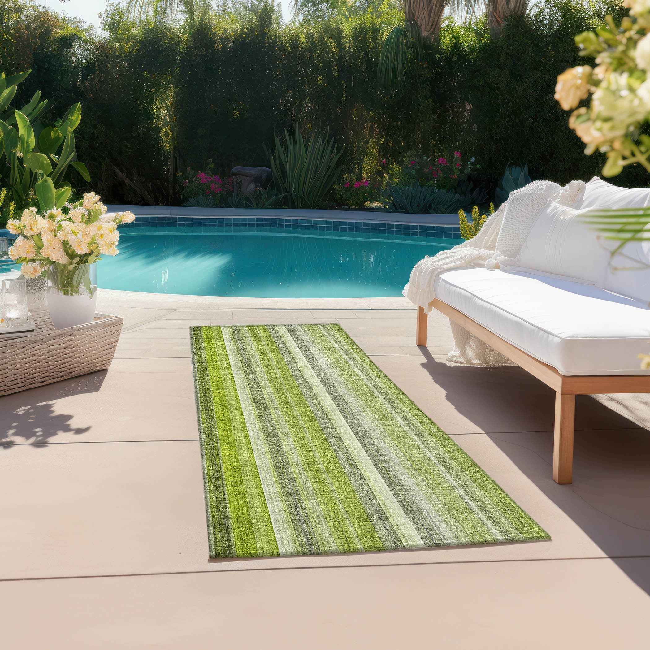 2' X 8' Green Striped Washable Non Skid Indoor Outdoor Runner Rug