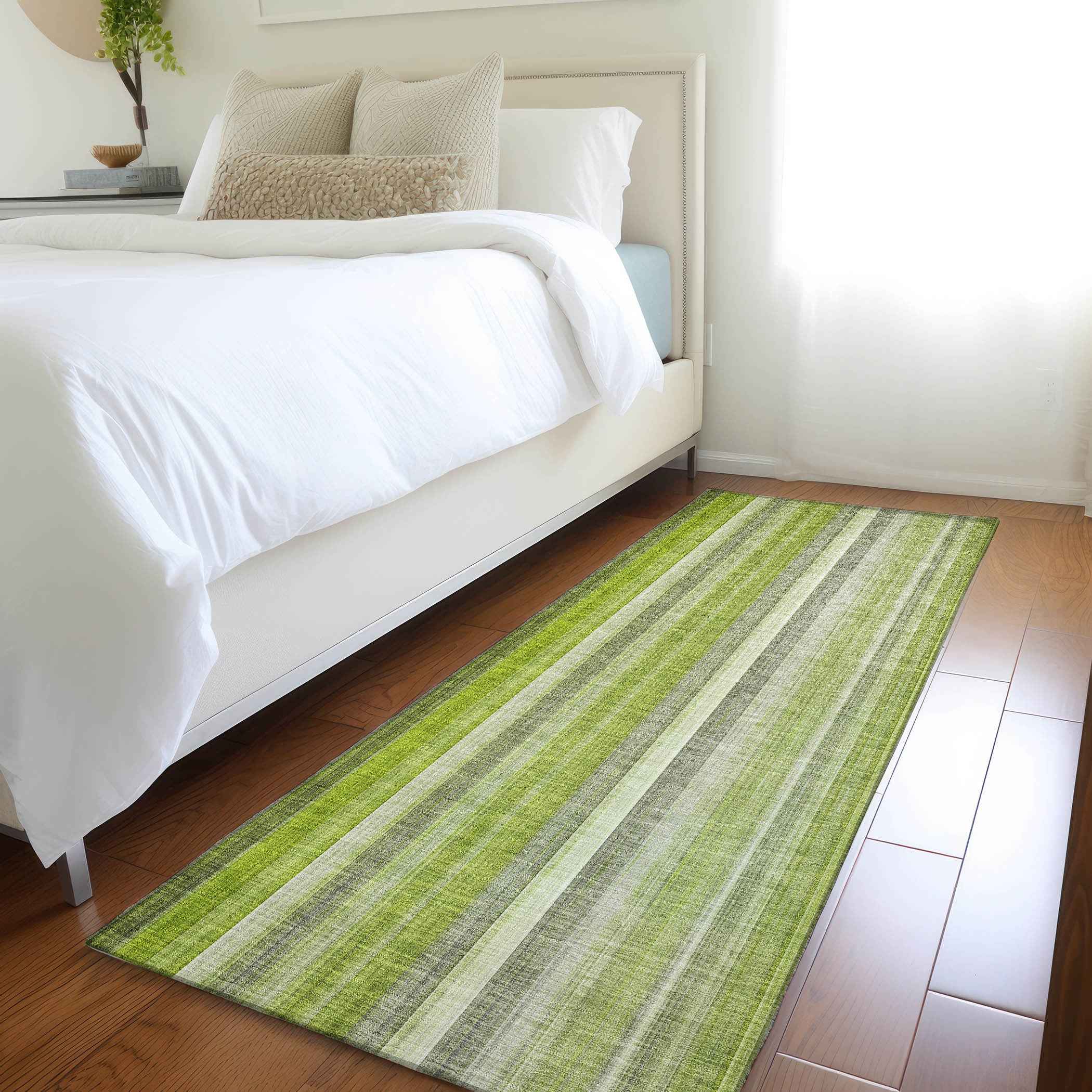 2' X 8' Green Striped Washable Non Skid Indoor Outdoor Runner Rug