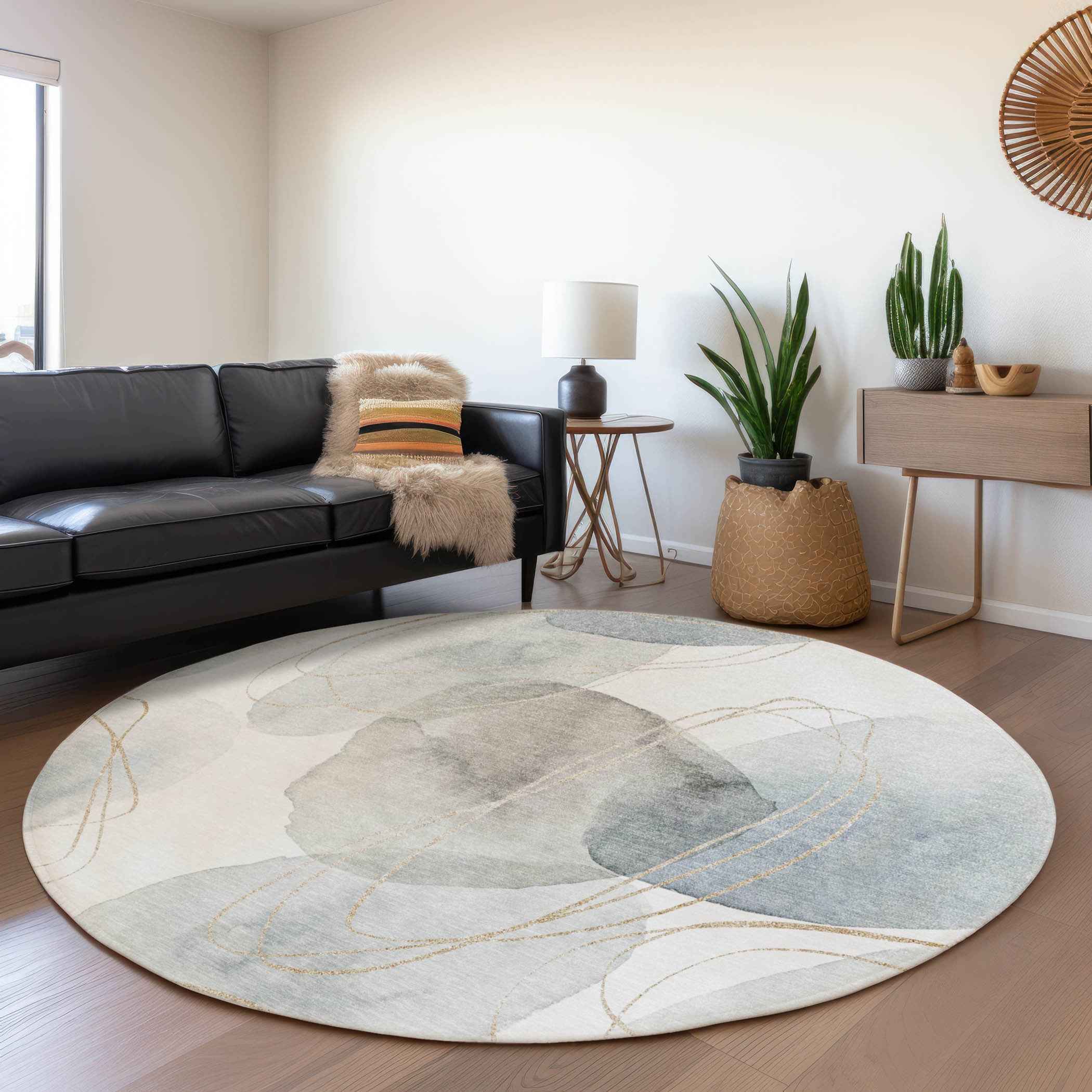 8' Round Ivory Blue and Gray Round Abstract Washable Non Skid Indoor Outdoor Area Rug