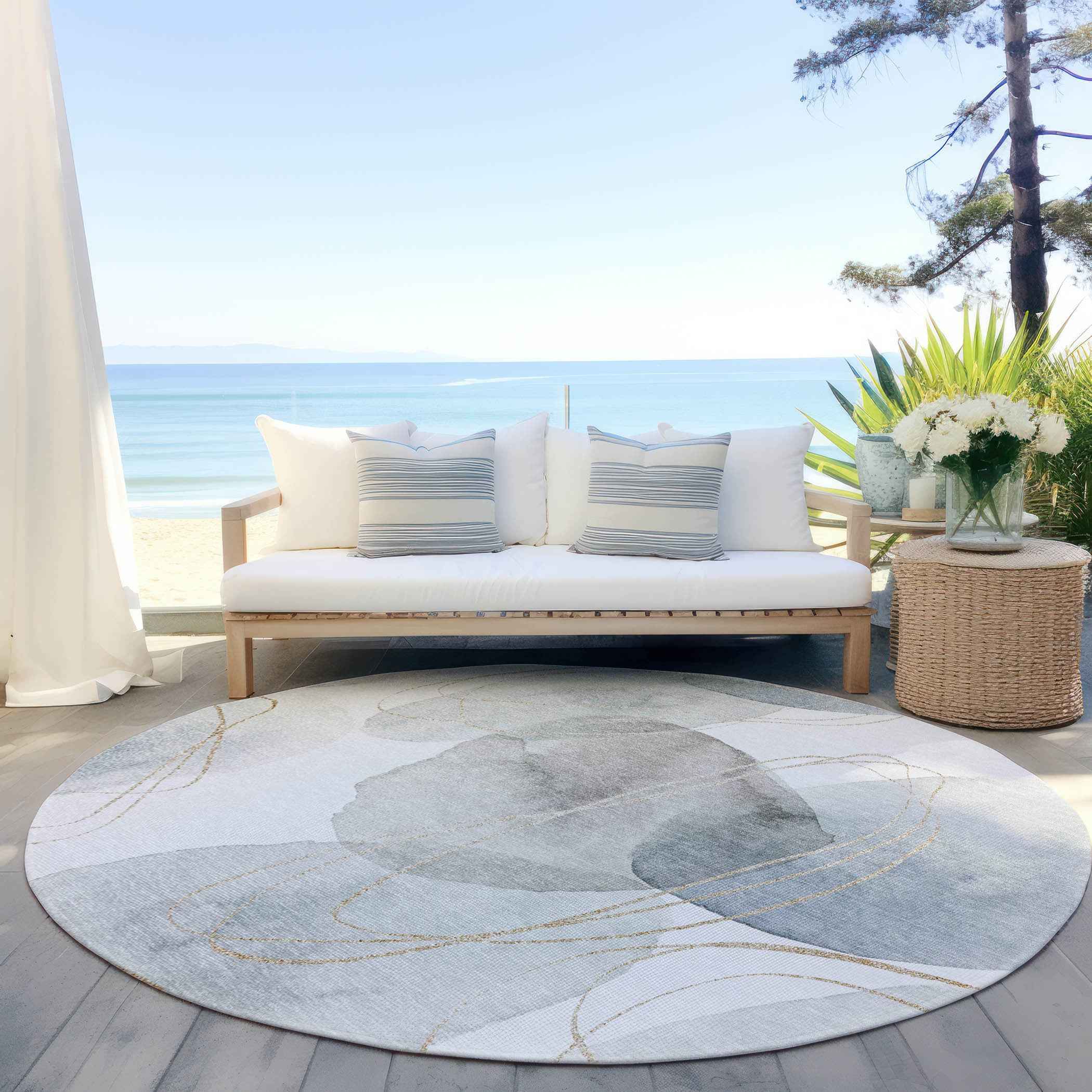 8' Round Ivory Blue and Gray Round Abstract Washable Non Skid Indoor Outdoor Area Rug