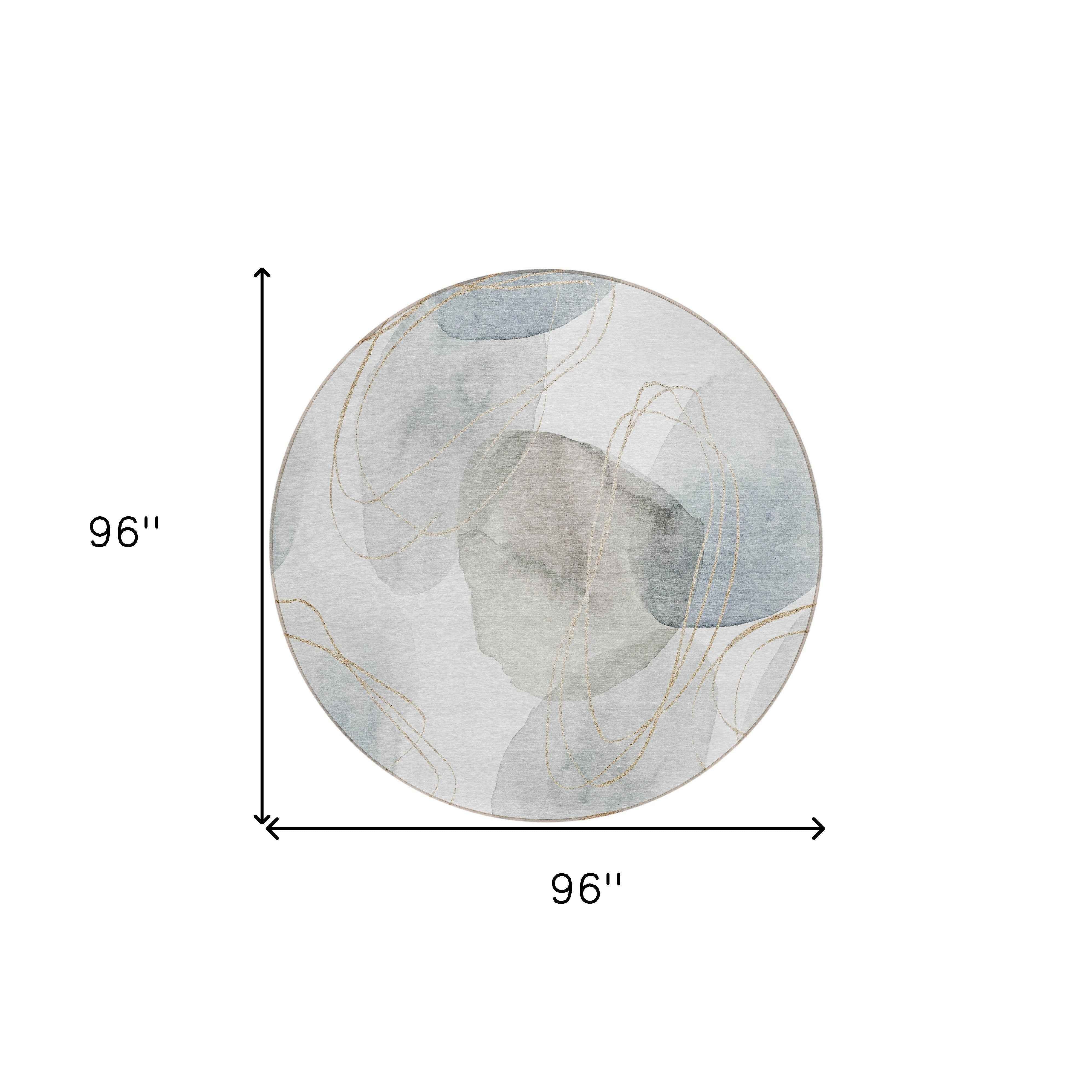 8' Round Ivory Blue and Gray Round Abstract Washable Non Skid Indoor Outdoor Area Rug
