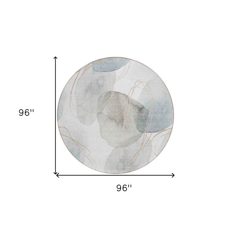8' Round Ivory Blue and Gray Round Abstract Washable Non Skid Indoor Outdoor Area Rug