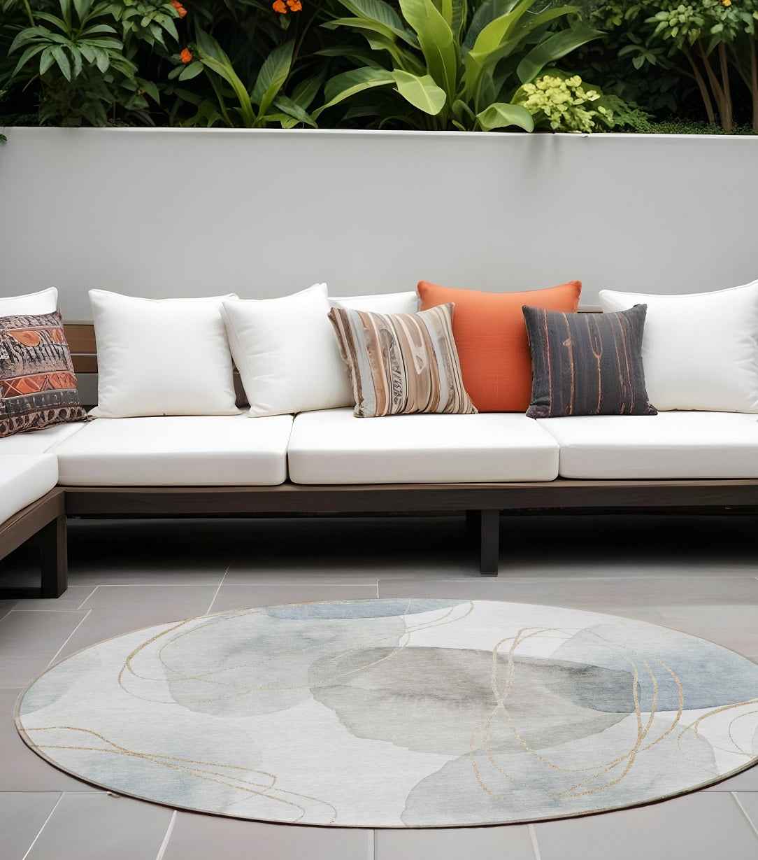 8' Round Ivory Blue and Gray Round Abstract Washable Non Skid Indoor Outdoor Area Rug