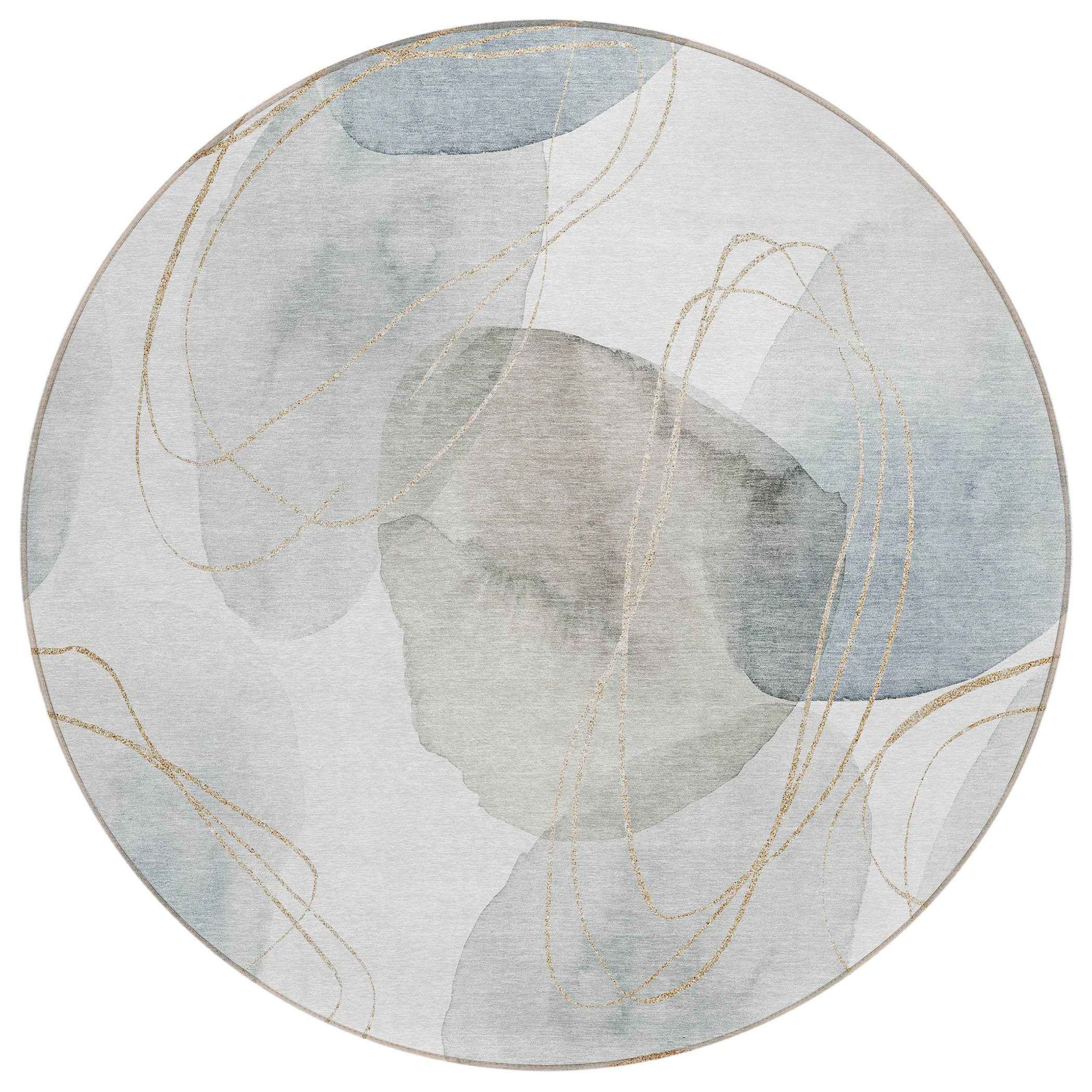 8' Round Ivory Blue and Gray Round Abstract Washable Non Skid Indoor Outdoor Area Rug