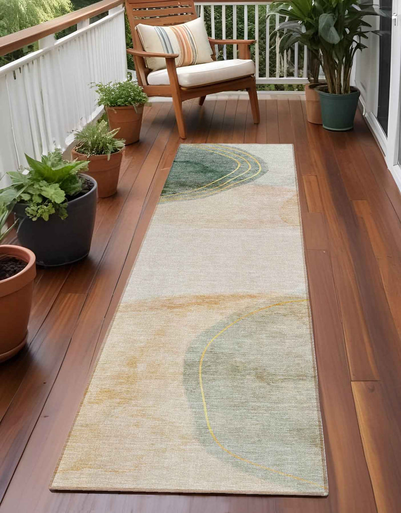 8' Runner Beige and Green Abstract Washable Non Skid Indoor Outdoor Runner Rug