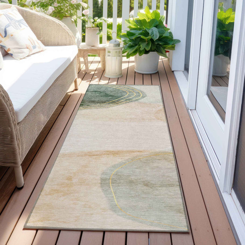 8' Runner Beige and Green Abstract Washable Non Skid Indoor Outdoor Runner Rug