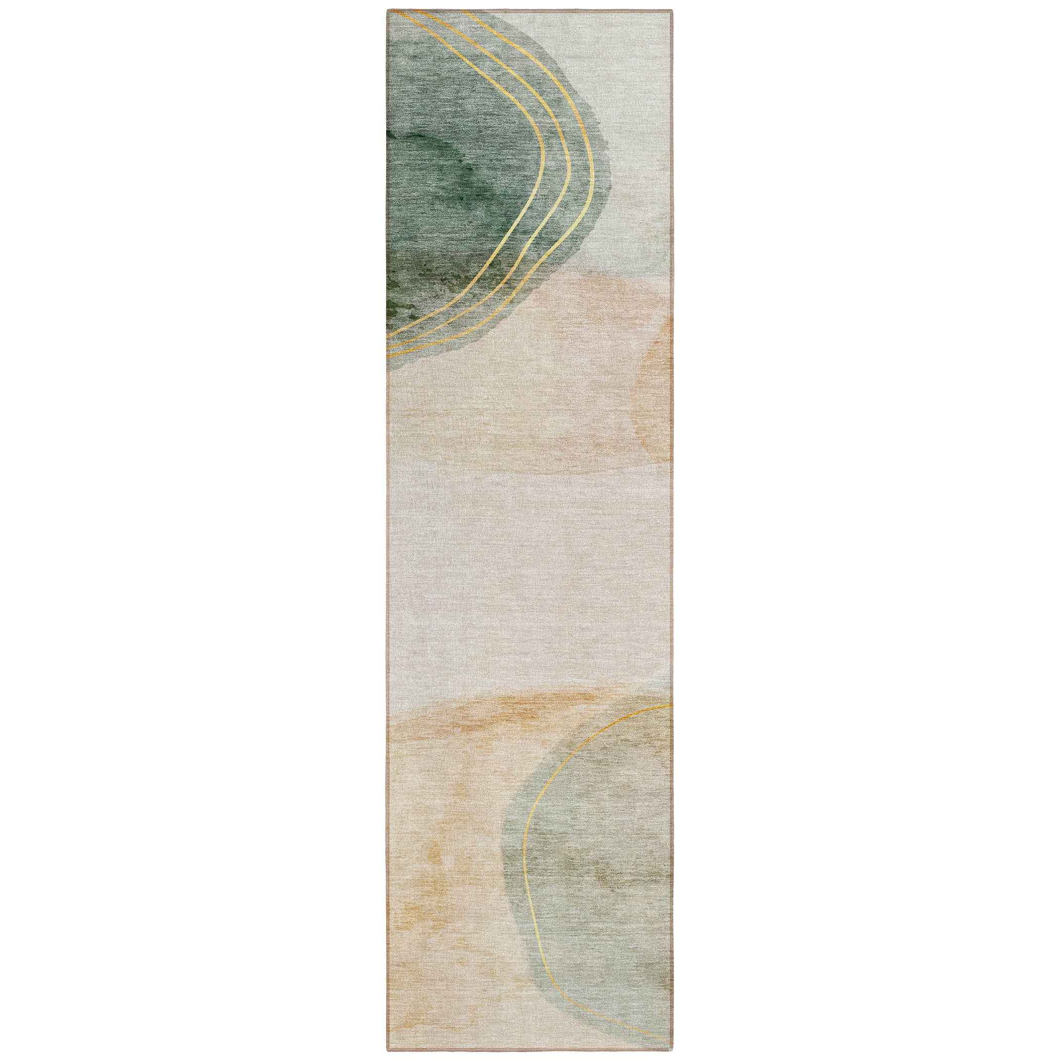 8' Runner Beige and Green Abstract Washable Non Skid Indoor Outdoor Runner Rug