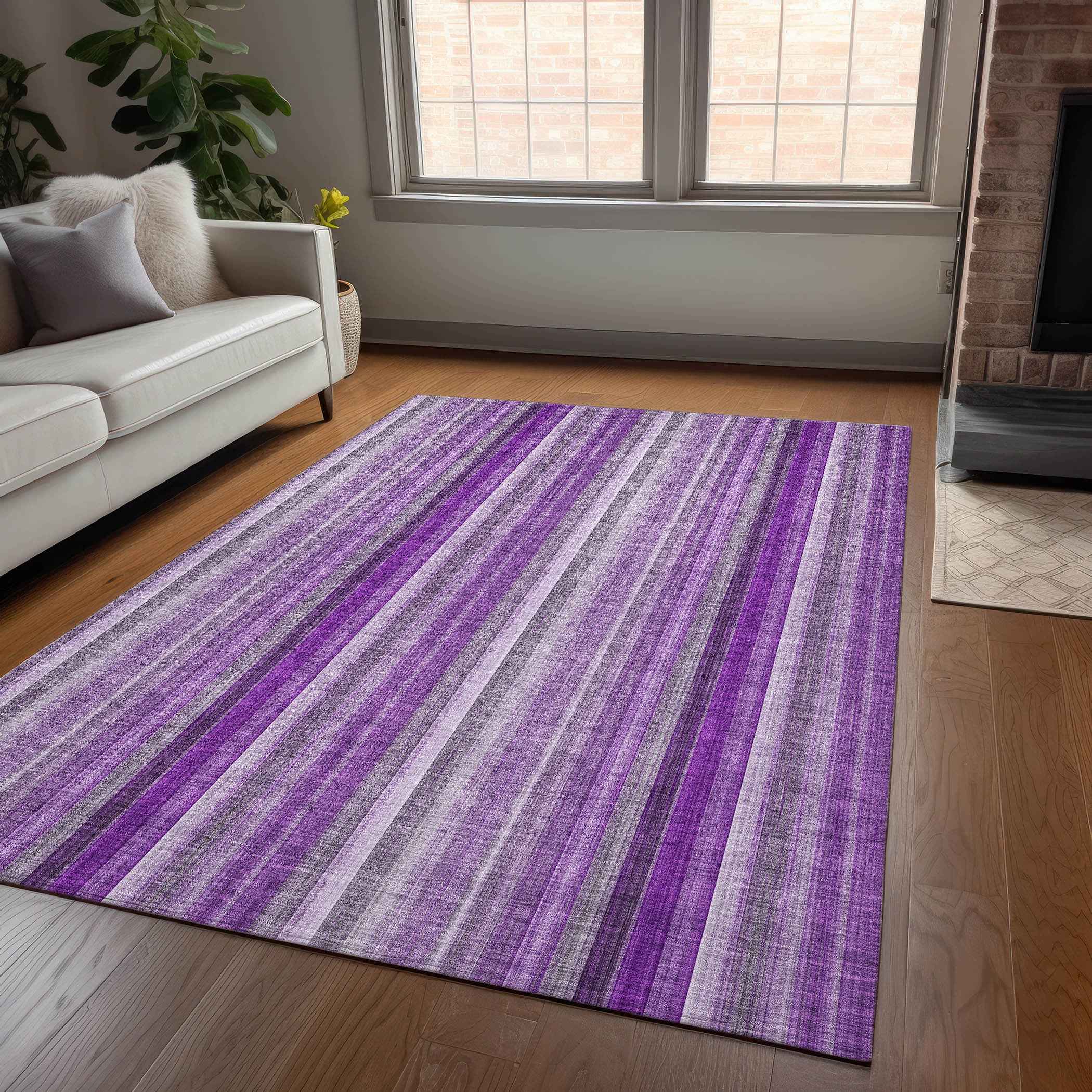 5' X 8' Purple Striped Washable Non Skid Indoor Outdoor Area Rug