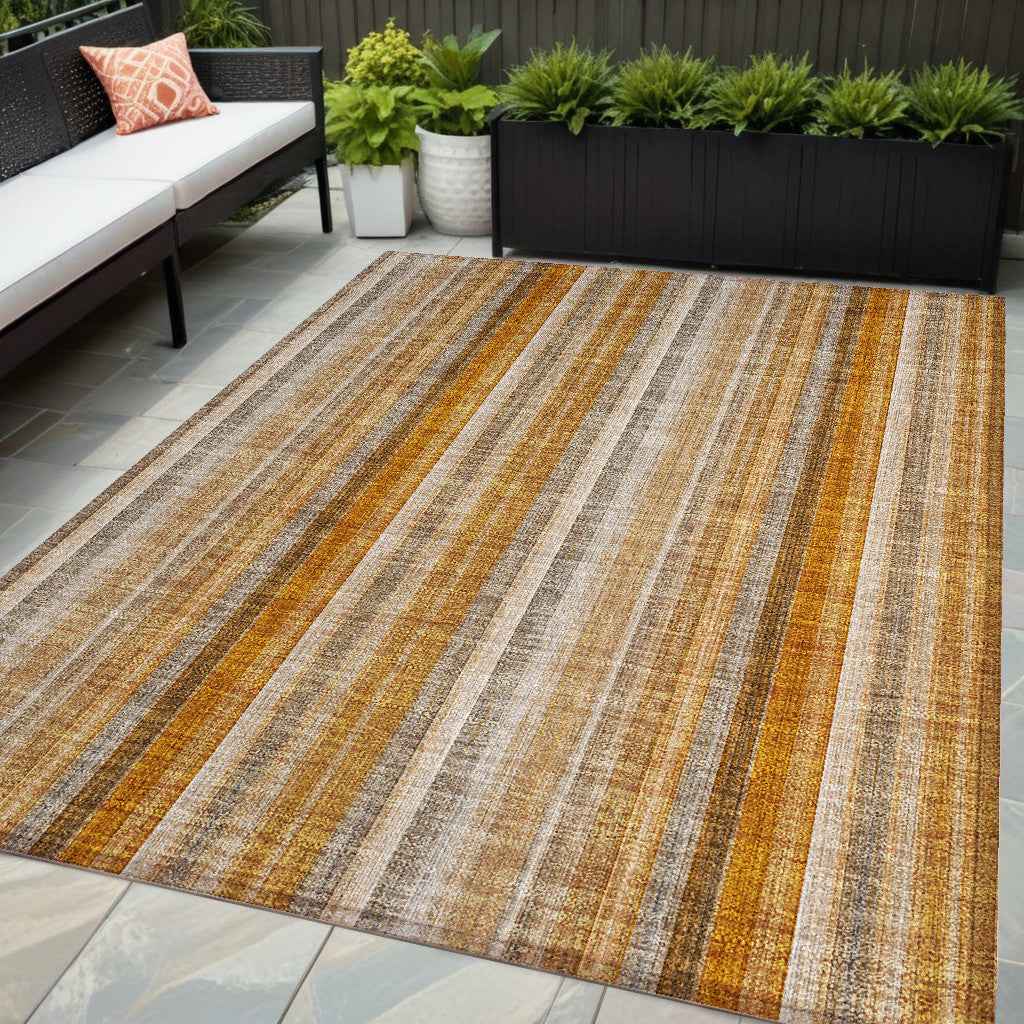 5' X 8' Orange Ivory and Gray Striped Washable Non Skid Indoor Outdoor Area Rug