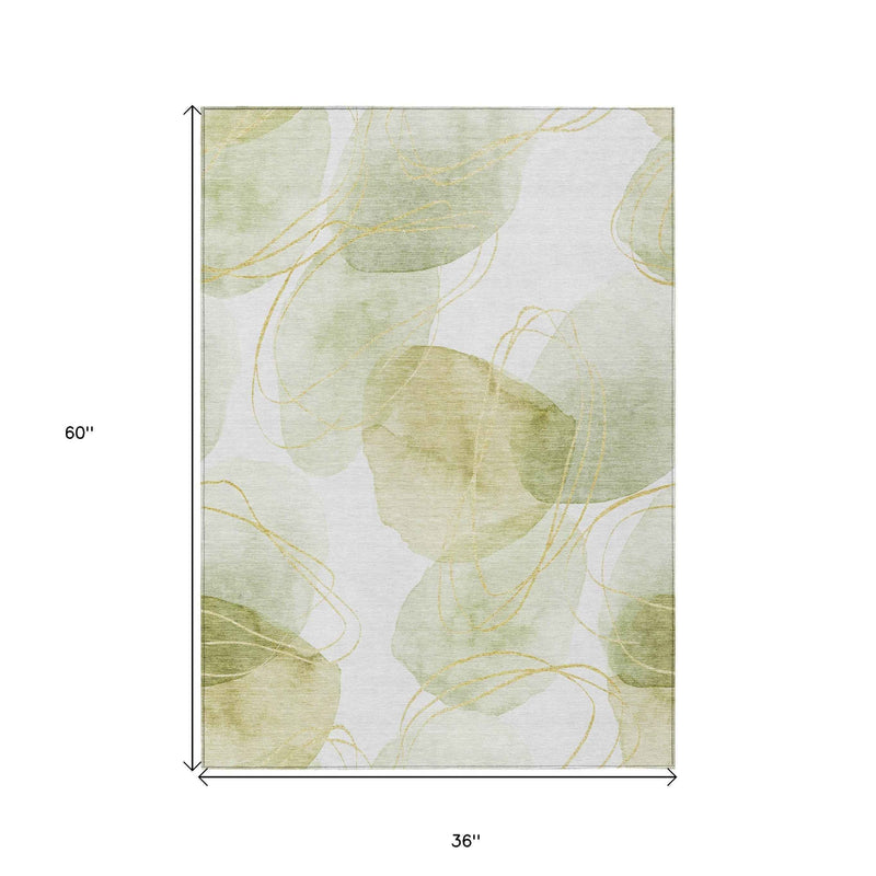 3' X 5' Green And Ivory Abstract Washable Indoor Outdoor Area Rug