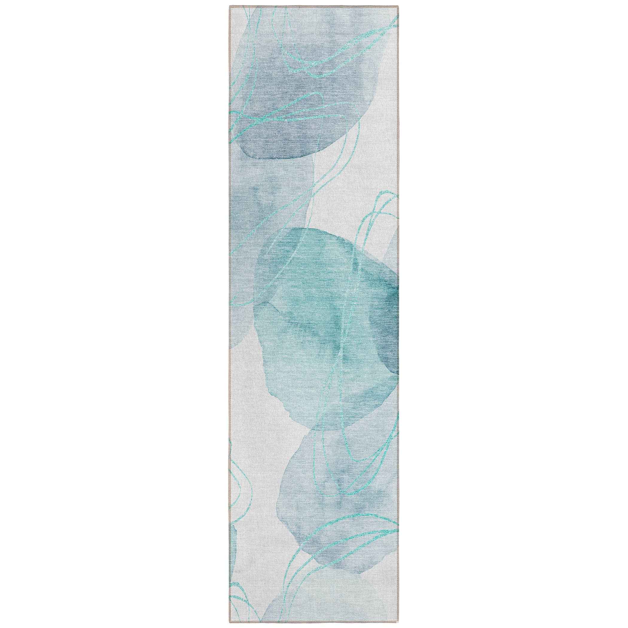 8' Runner Teal and Ivory Abstract Washable Non Skid Indoor Outdoor Runner Rug