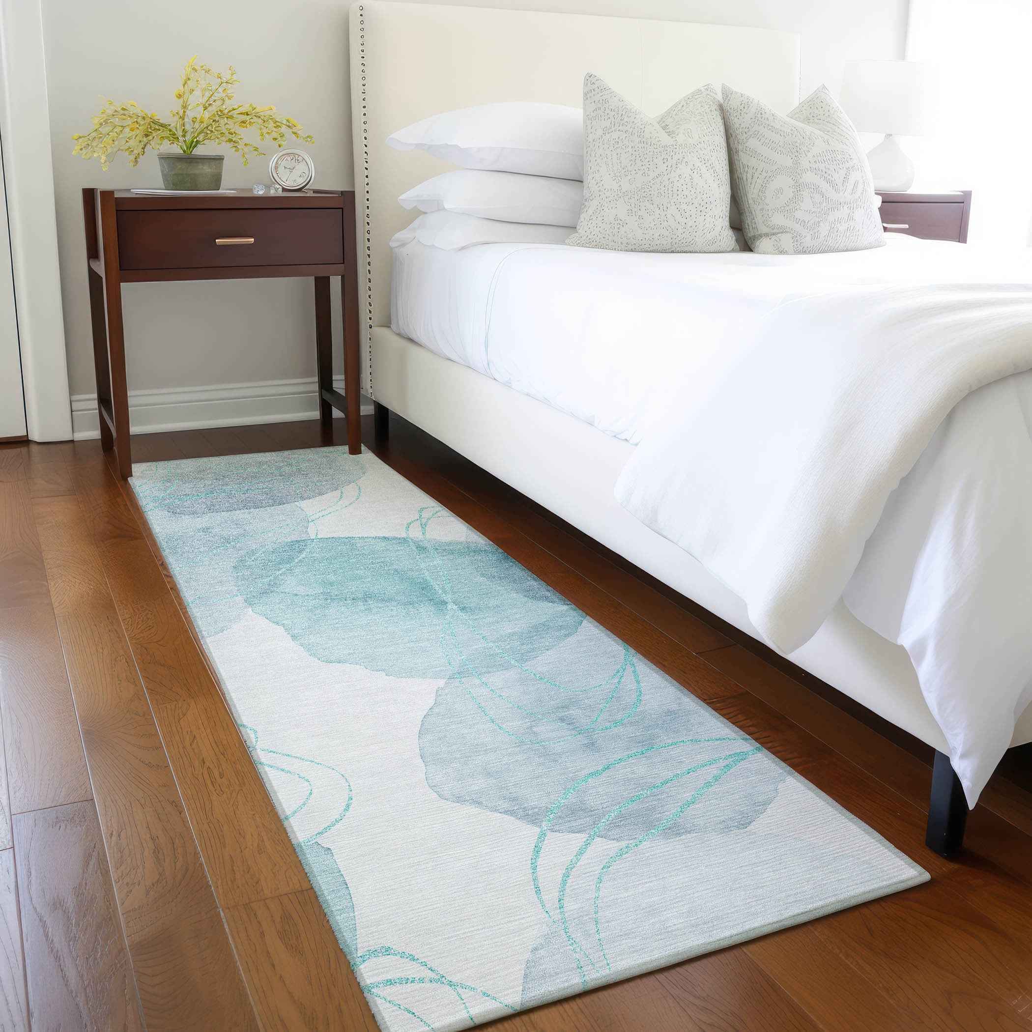 8' Runner Teal and Ivory Abstract Washable Non Skid Indoor Outdoor Runner Rug