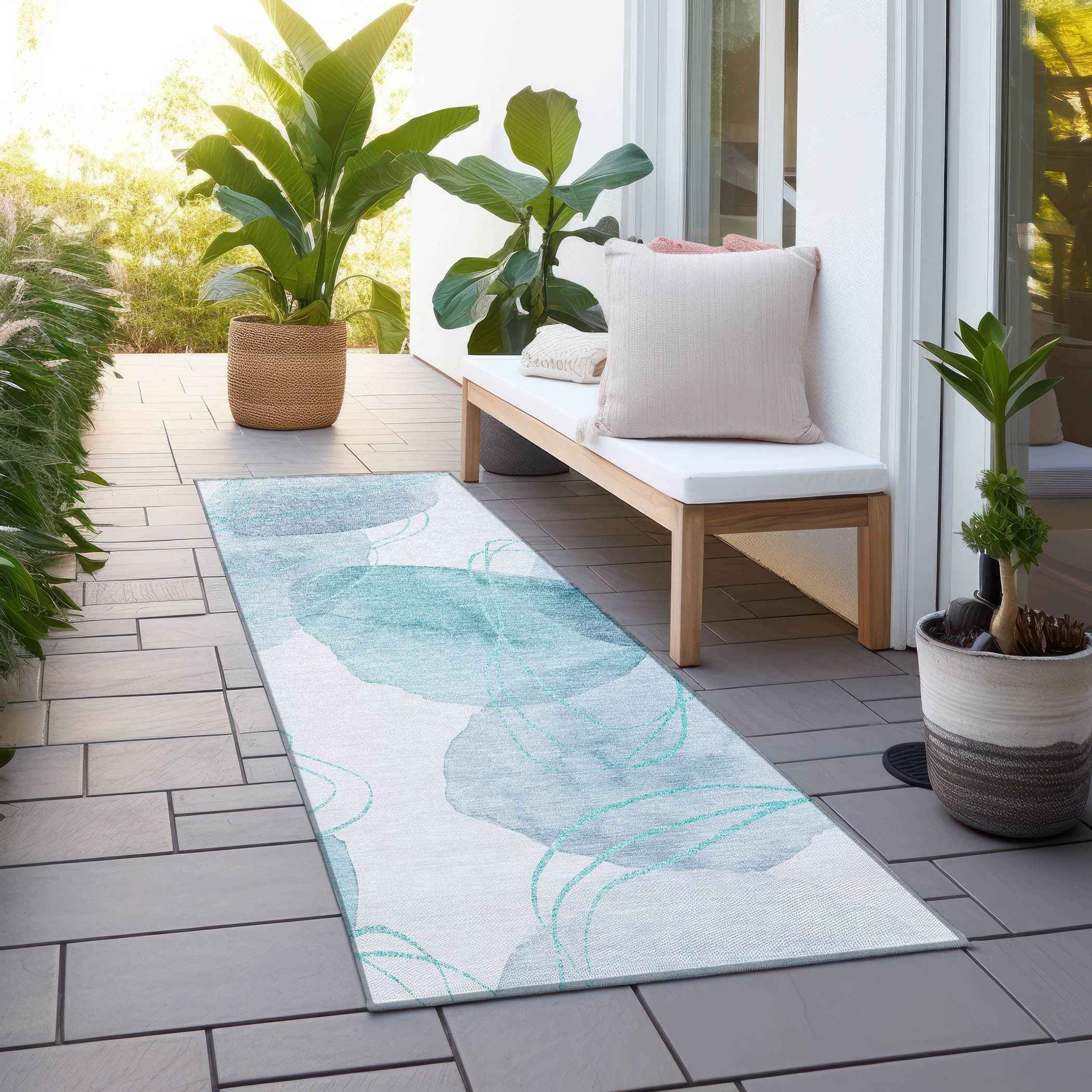 8' Runner Teal and Ivory Abstract Washable Non Skid Indoor Outdoor Runner Rug