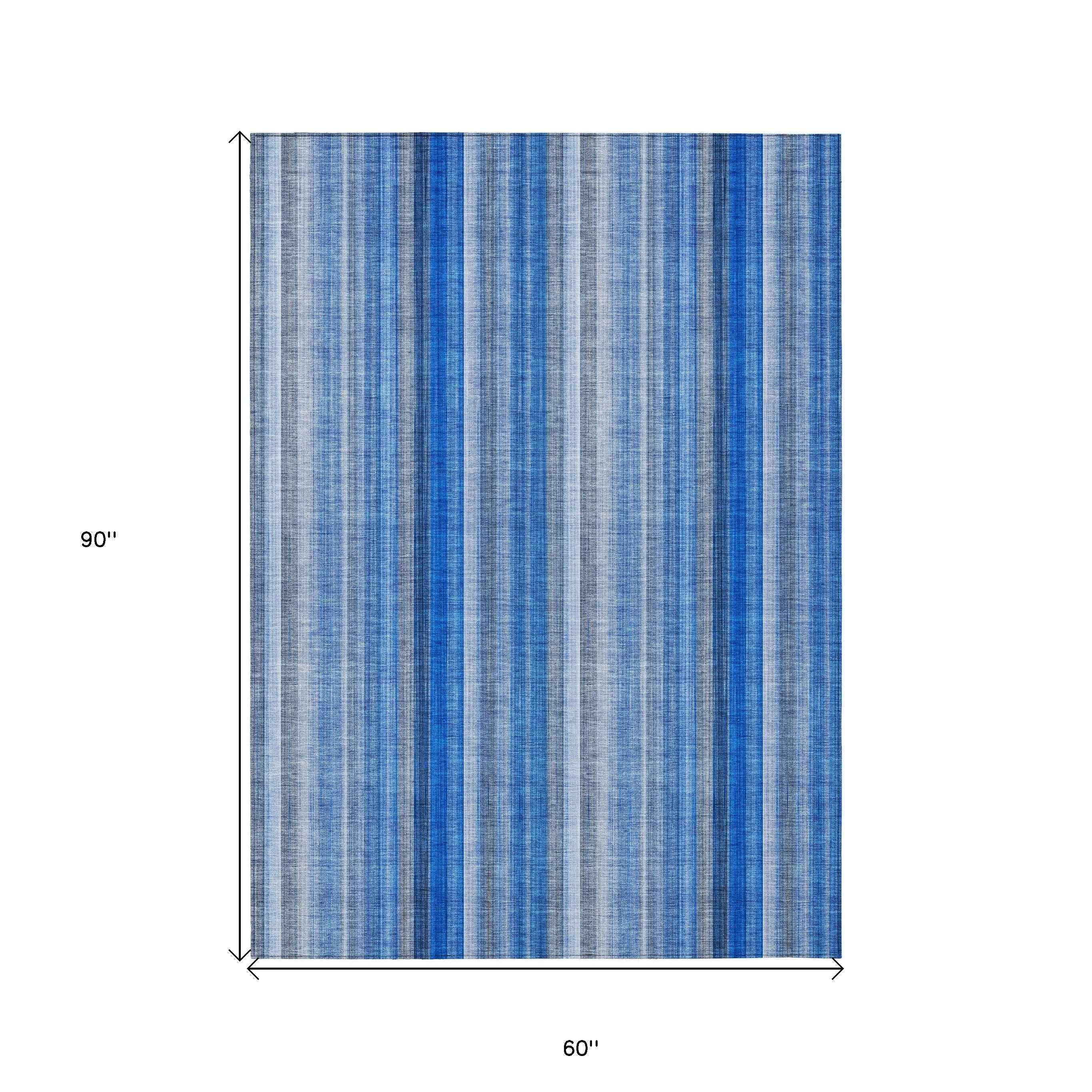 5' X 8' Blue Striped Washable Non Skid Indoor Outdoor Area Rug