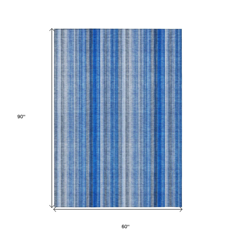 5' X 8' Blue Striped Washable Non Skid Indoor Outdoor Area Rug