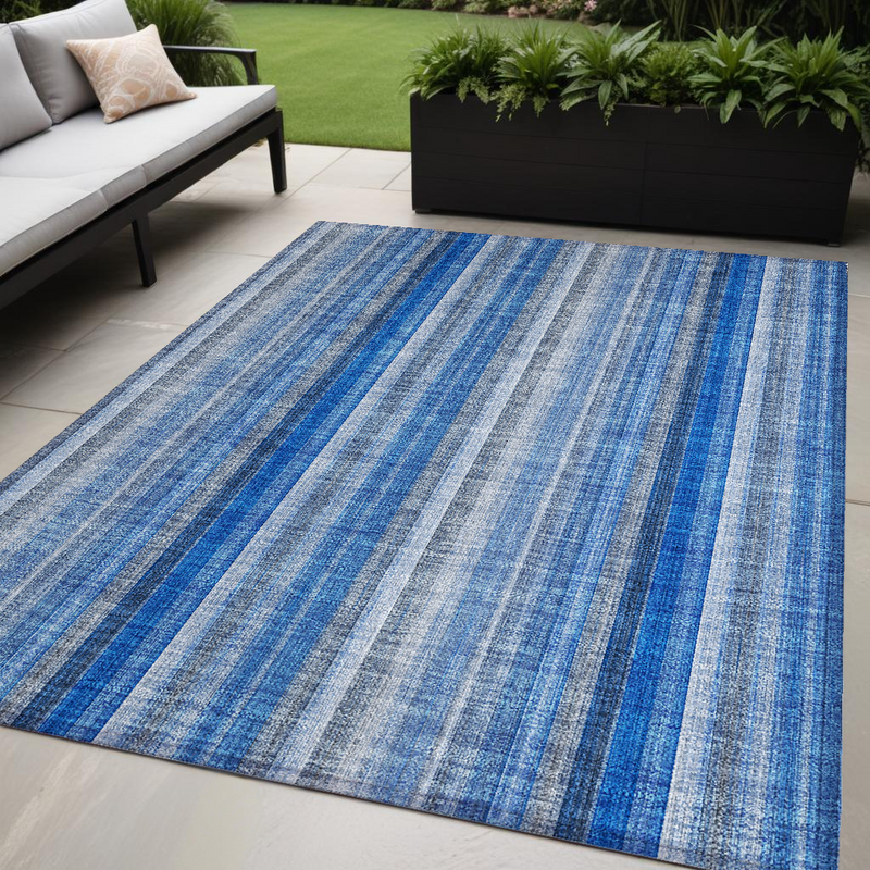 5' X 8' Blue Striped Washable Non Skid Indoor Outdoor Area Rug
