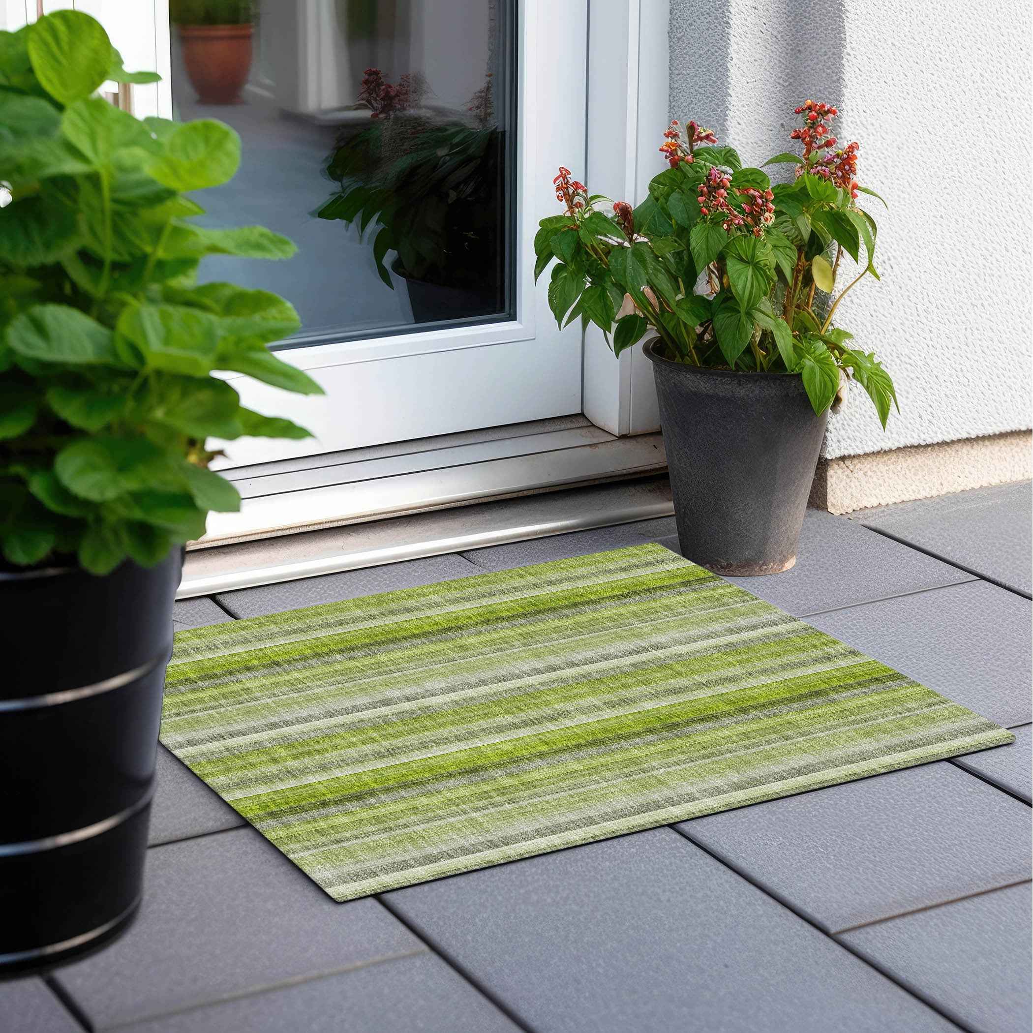 2' X 3' Green Striped Washable Non Skid Indoor Outdoor Area Rug