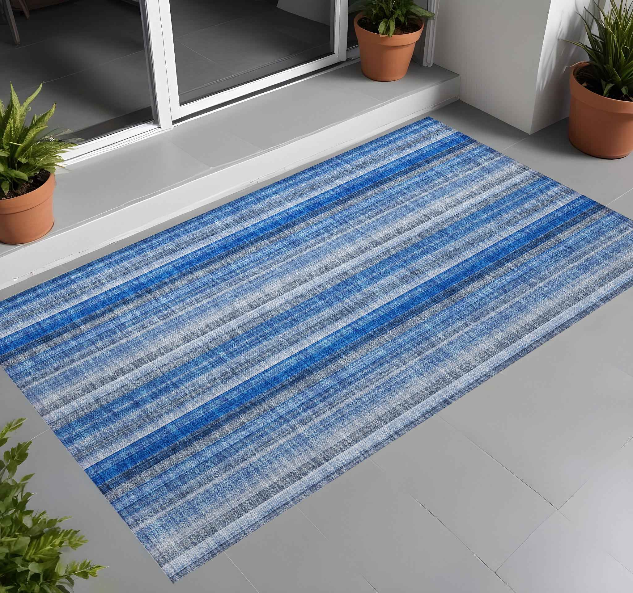 2' X 3' Blue Striped Washable Non Skid Indoor Outdoor Area Rug