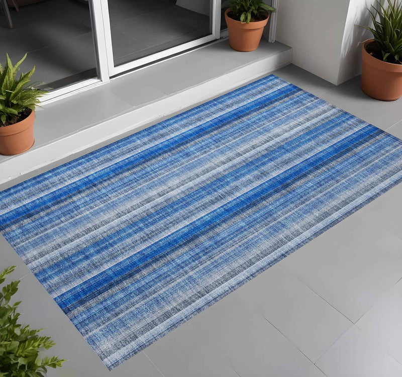 2' X 3' Blue Striped Washable Non Skid Indoor Outdoor Area Rug