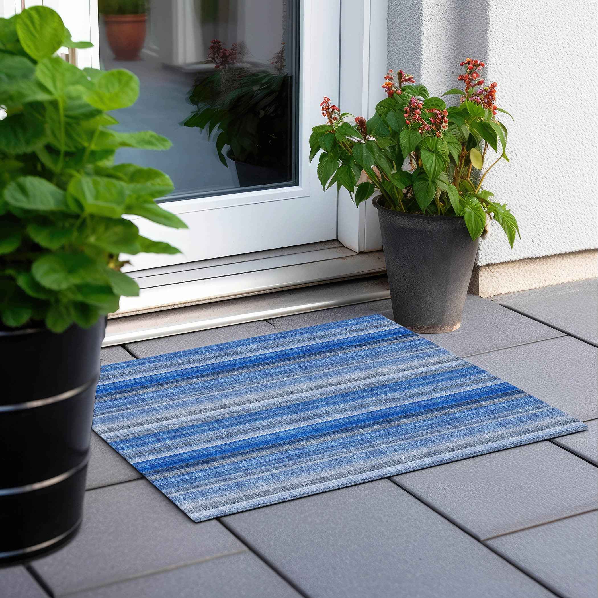 2' X 3' Blue Striped Washable Non Skid Indoor Outdoor Area Rug