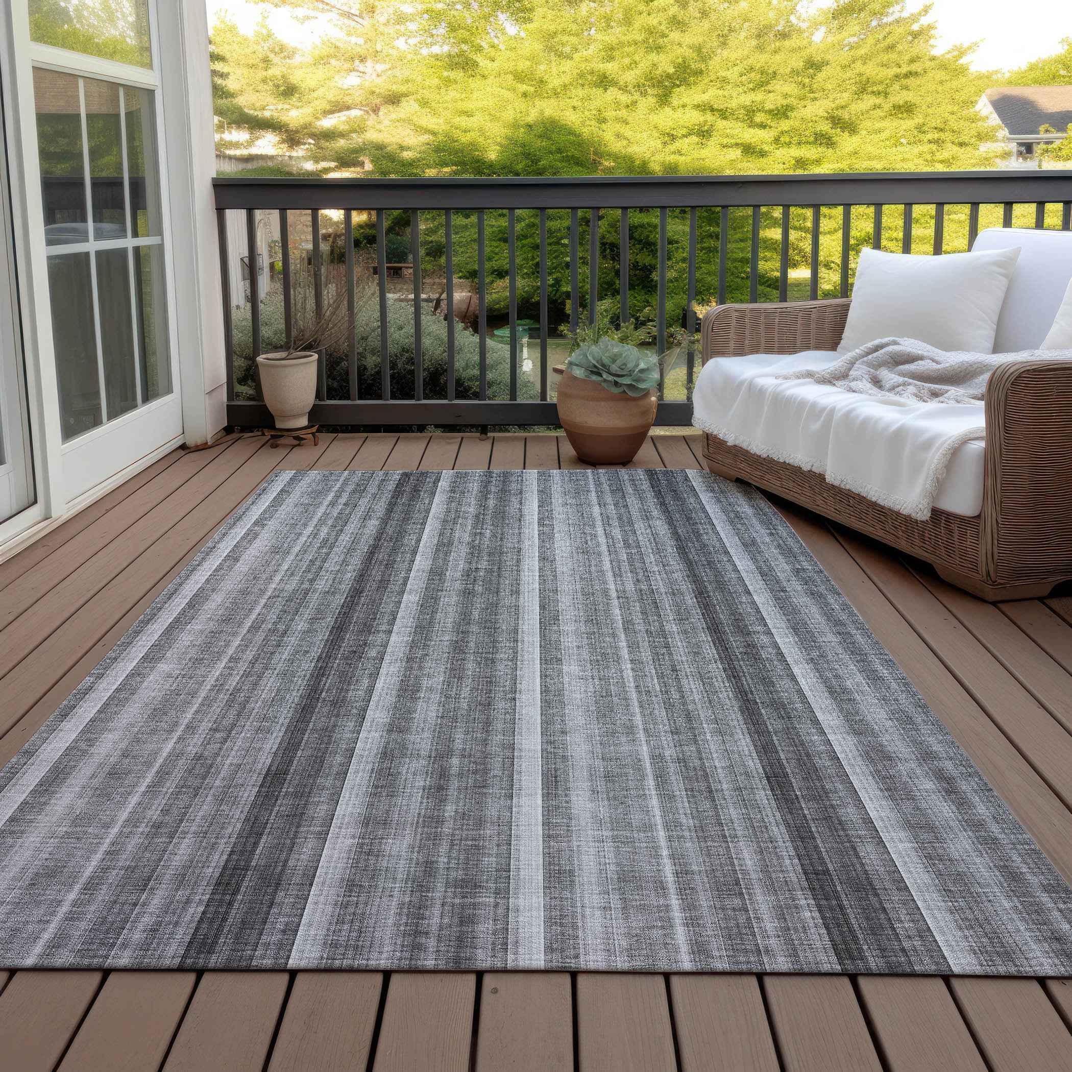 5' X 8' Gray Striped Washable Non Skid Indoor Outdoor Area Rug