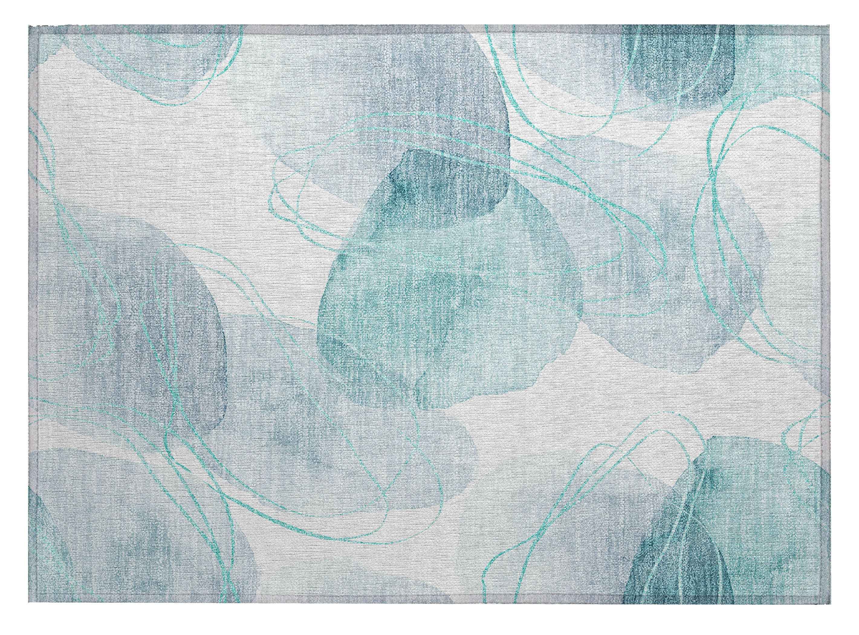 2' X 3' Teal and Ivory Abstract Washable Non Skid Indoor Outdoor Area Rug