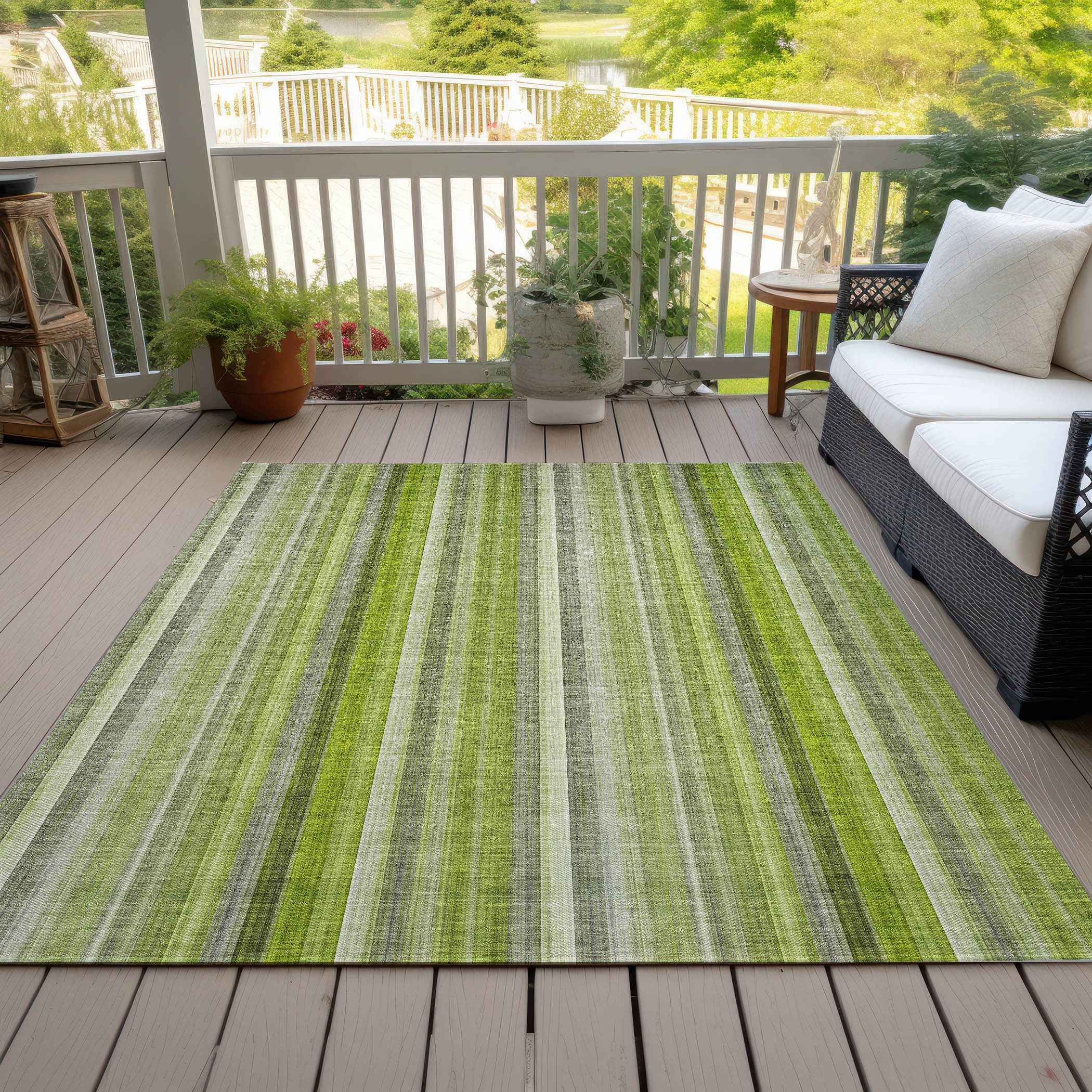 8' X 10' Green Striped Washable Non Skid Indoor Outdoor Area Rug