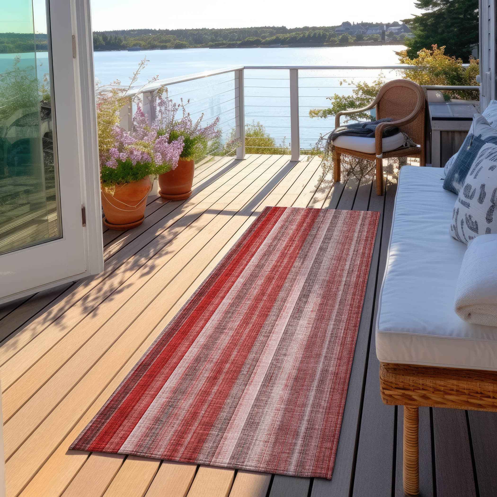8' Runner Gray Pink and Red Striped Washable Non Skid Indoor Outdoor Runner Rug