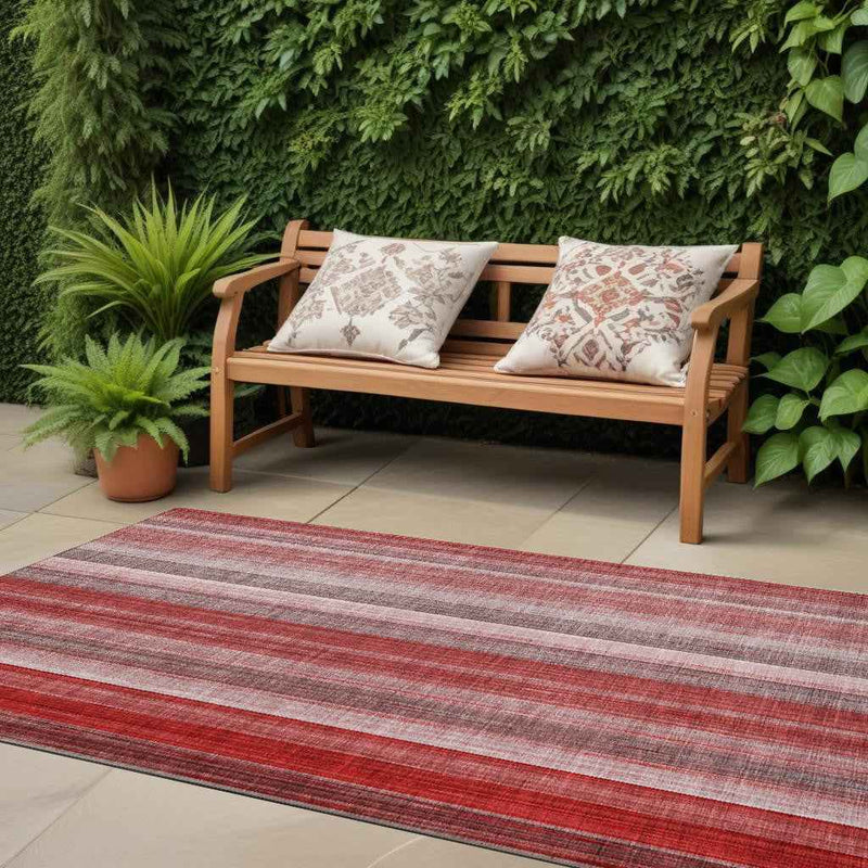 8' Runner Gray Pink and Red Striped Washable Non Skid Indoor Outdoor Runner Rug