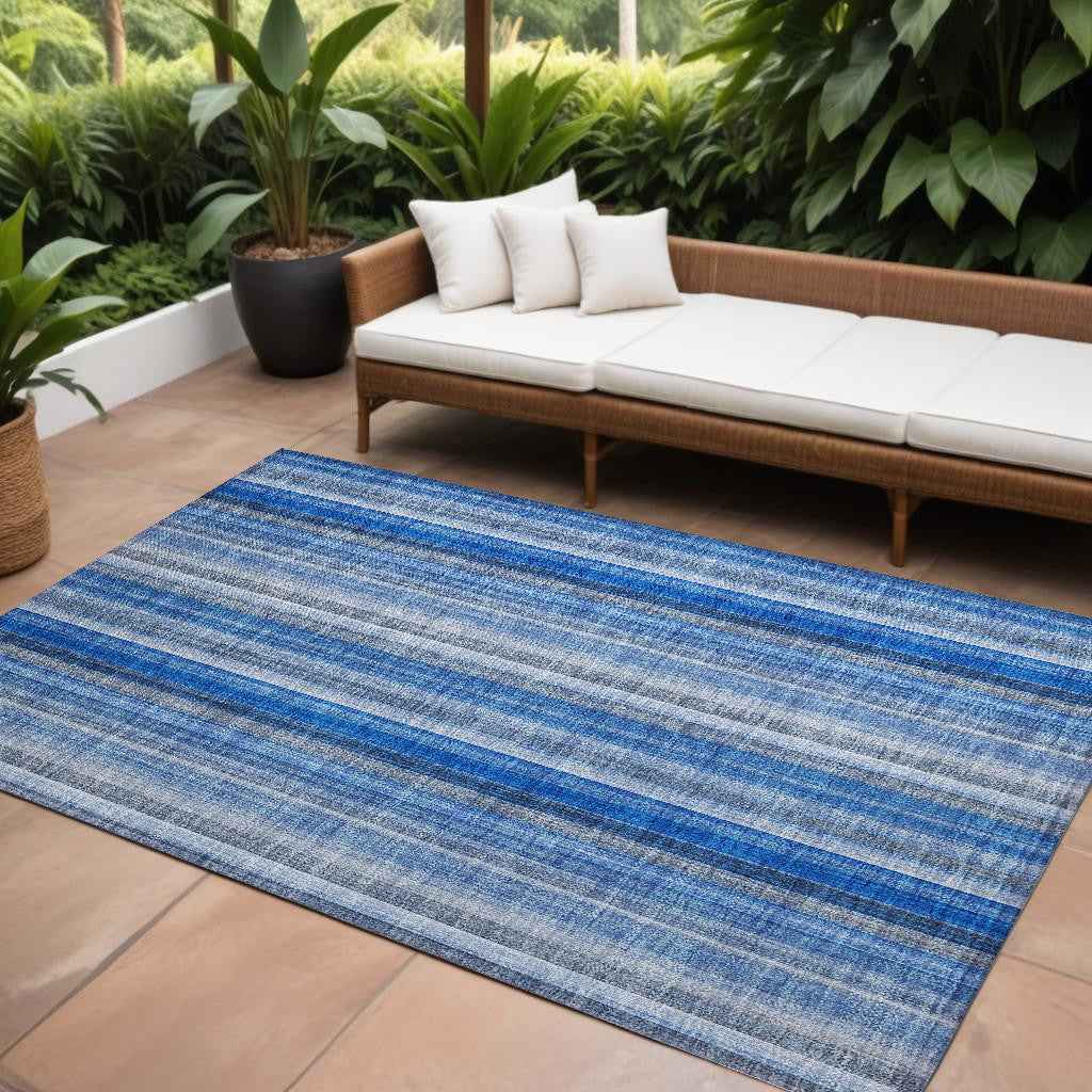 9' X 12' Blue Striped Washable Non Skid Indoor Outdoor Area Rug